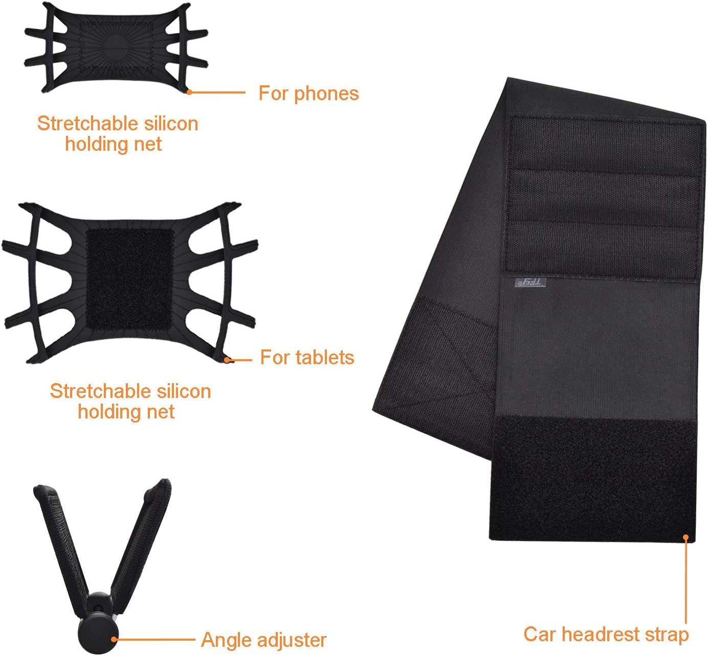 TFY Car Headrest Mount for 7-10 Inch Fire, Fire HD, Kindle, Kids Edition Tablets, Angle Adjustable Holder with Silicon Holding Net image number 6