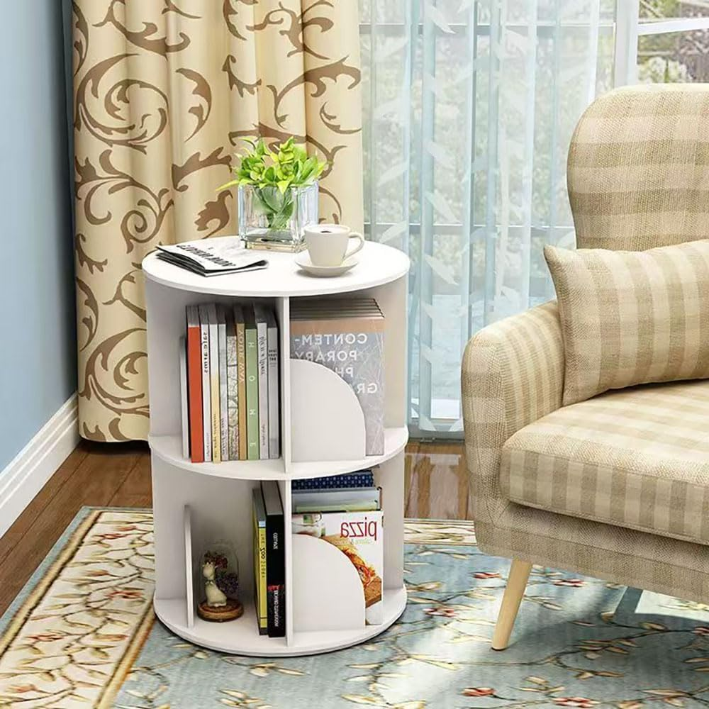 Hbluefat Rotating Bookshelf, 2-Tier Revolving 360 Display Wood Bookcase, Small round Swivel Standing Book Shelf Tower for for Bedroom, Living Room, Study Room (White1) image number 4