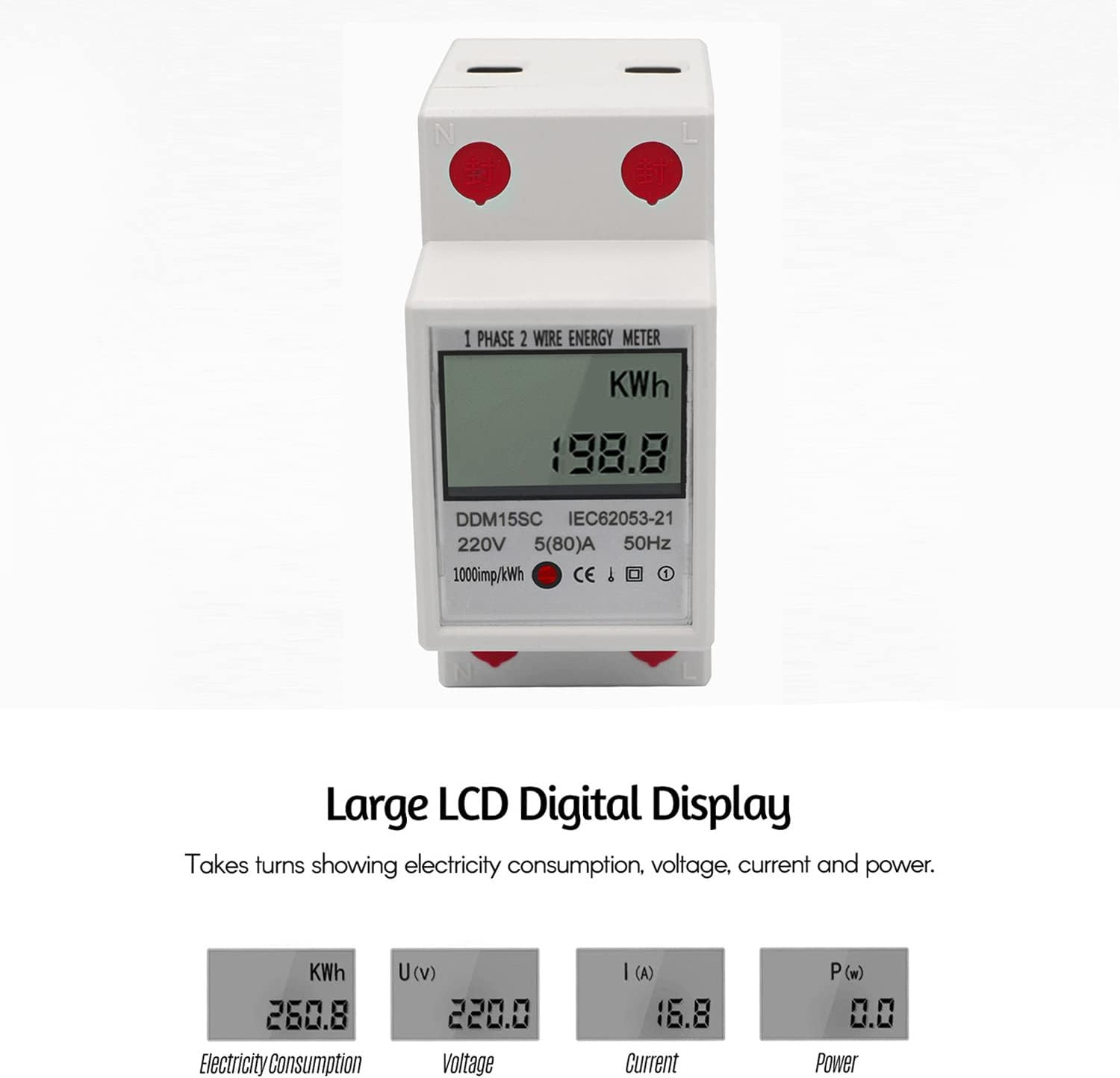 LCD Digital Display Single Phase Din-Rail Energy Meter 5-80A 220V-240V 50Hz Electronic Kwh Meter Power Consumption Monitor DDM15SC image number 2