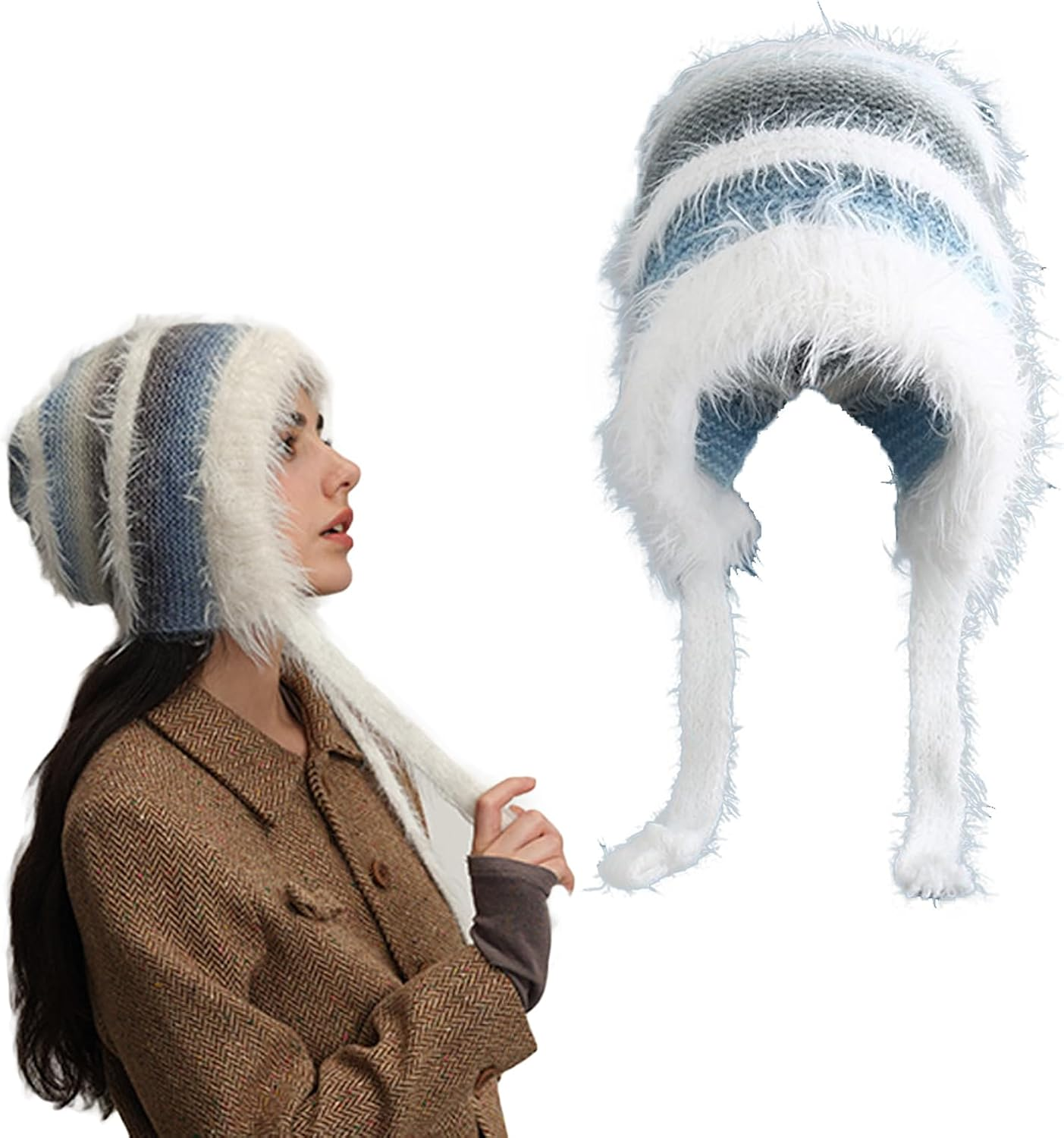 AWOCAN Women Fluffy Faux Fur Hat Winter Knitted Slouchy Beanie Cap Windproof Cover Ears Beanie Hat