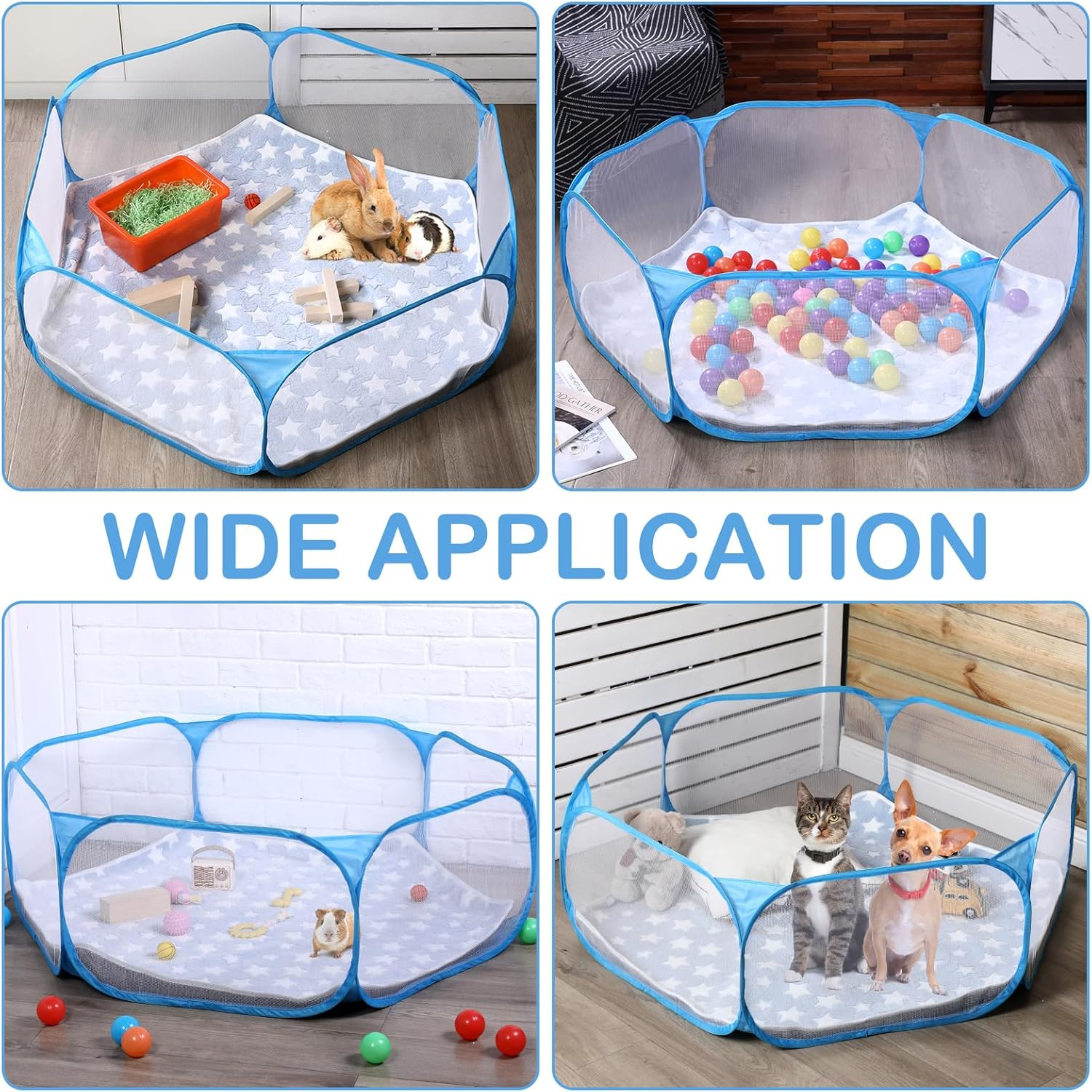 Vitalcozy Hamster Playpen with Mat Small Animal Cage Tent Breathable Transparent Guinea Pig Playpen Waterproof Portable Yard Fence Mat Foldable Exercise Playpen Outdoor Indoor (Blue,Star) image number 2