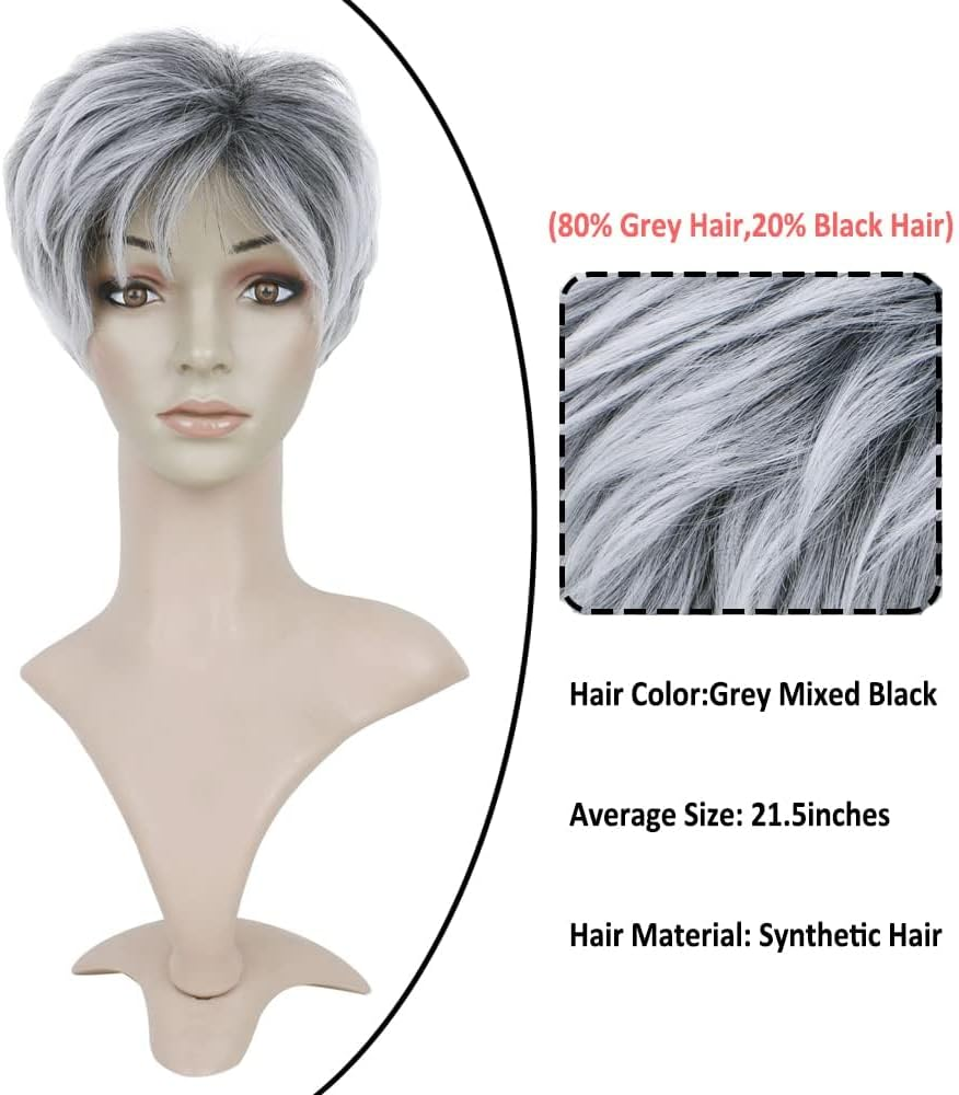 BECUS Grey Short Wig Ombre Gray Pixie Cut Short Wigs for Women with Dark Root Synthetic Natural Hair Wig image number 5