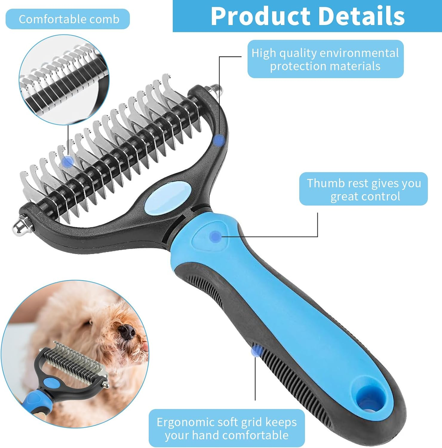 2 PCS Professional Dog Cat Grooming Brush, Double-Sided Pet Shedding Grooming Tool, Dematting Comb for Effective Hair Removal, Undercoat Rake Comb for Deshedding, Mats, Tangles Removing (Red) - Blue image number 7