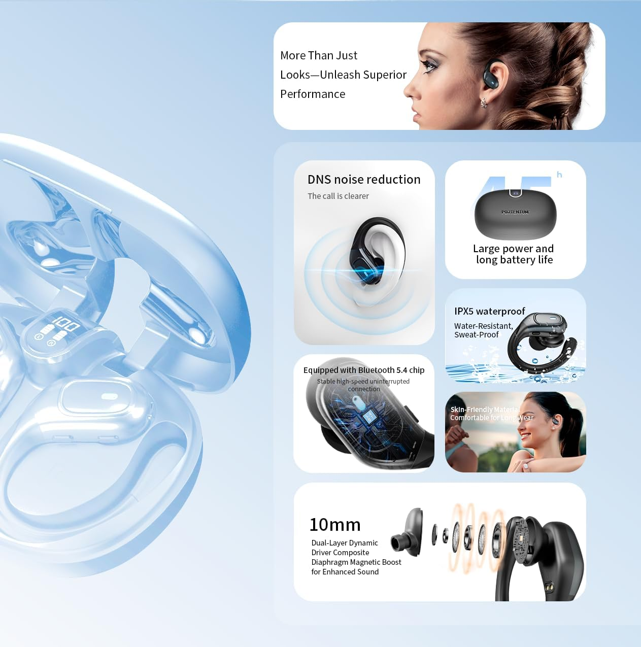 PORTENTUM Bluetooth Sports Headphones - LED Indicator - DNS Noise Reduction - 50H Battery - Bluetooth 5.4 - Waterproof In-Ear with Integrated Controls - Hifi Bass - Comfortable Fit - USB-C image number 3