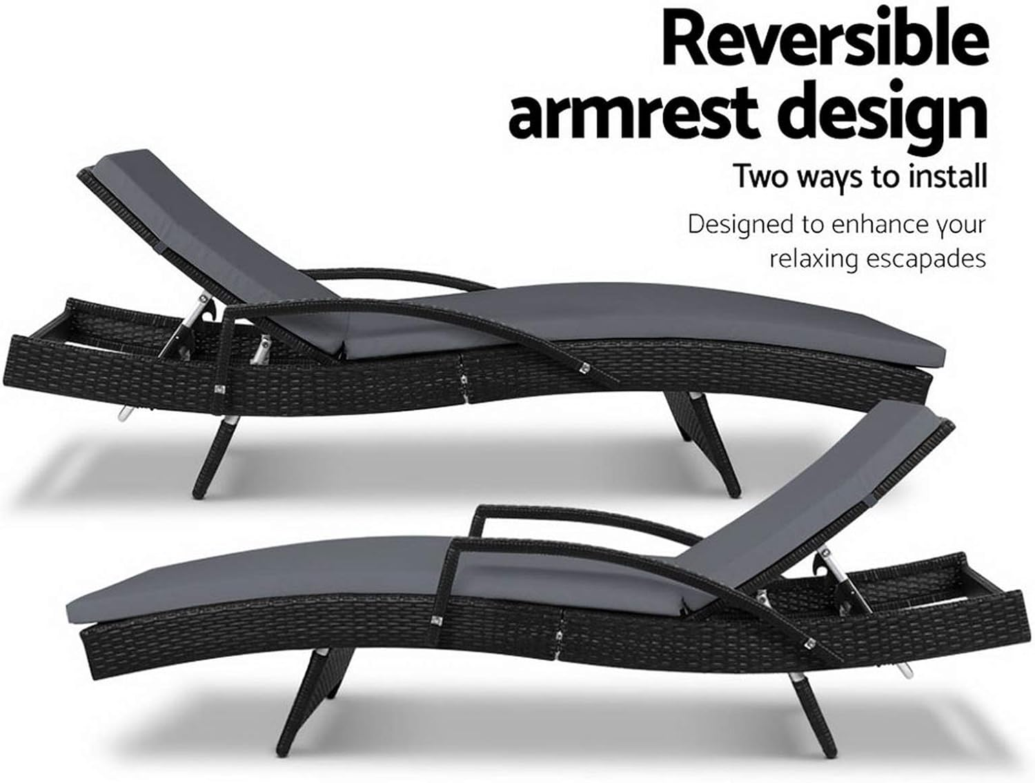 Gardeon Set 2 Sun Lounge Camping Chair Wicker Lounger Rattan Day Bed, Chaise Beach Chairs Outdoor Furniture Garden Patio Setting Pool Backyard, Cushion Armrest Adjustable Backrest Black