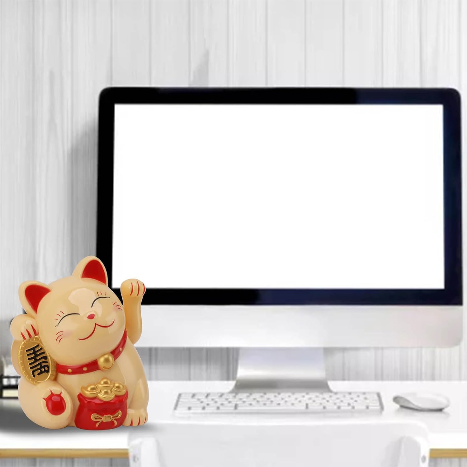 Bewinner Waving Lucky Cat, Solar Powered Cute Waving Cat Good Luck Wealth Welcoming Cats Home Display Car Decor Feng Shui Decoration (Yellow)