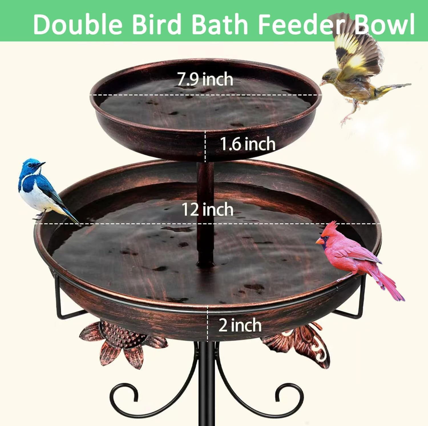 ZXMSTAR Bird Bath for Outside,Double Metal Bird Bath Feeder Bowls,Birdbath & Feeder Freestanding Birdbaths for Garden Patioyard Lawn Decor (42Inch Tall) (Double Metal Bowls)