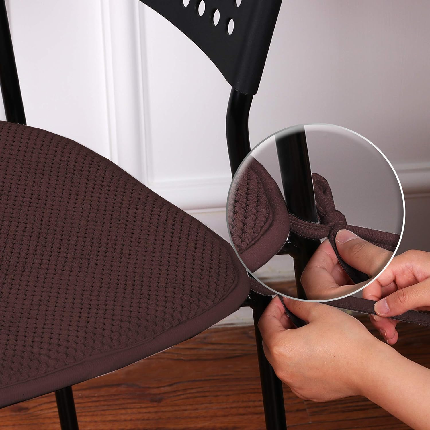 Memory Foam Seat Cushion with SBR Backing and Straps Set of 4 Non-Skid Chair Pads for Dining Room Honeycomb Pattern Chair Cushions (6 Pack, Brown,41X41Cm) image number 6