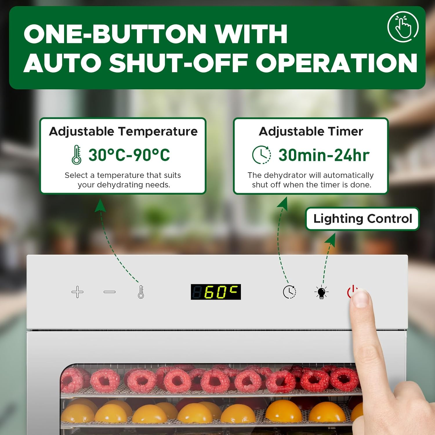 Oiyocemo Stainless Steel Food Dehydrator, 8 Tray Fruit Dryer Machine with Free Recipe Book, Bpa-Free, 30~90℃ Temperature Setting, Max 24H, Dehydrator Food Dryer UK for Vegetables, Meats image number 6