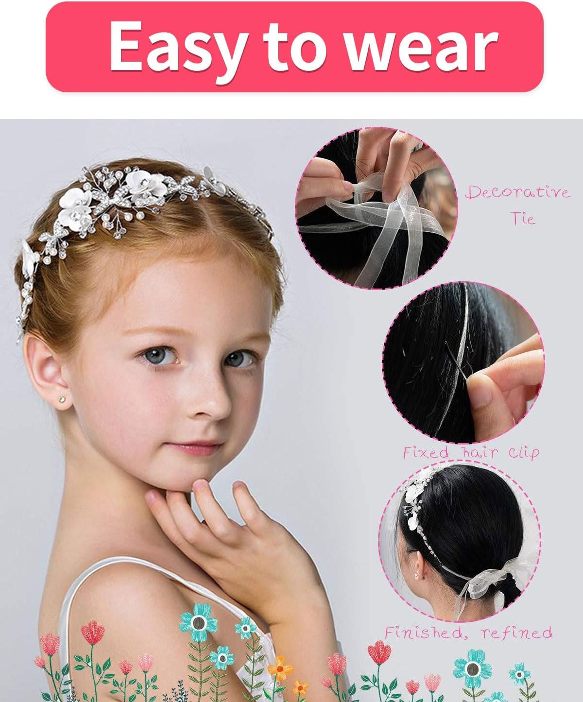 BPTRKOM 1 X Princess Flower Headpiece Pearl Hair Dress Crystal Bridal Wedding Hair Accessories Flower Bride Hair Accessories for Girls Flower Girl (White)