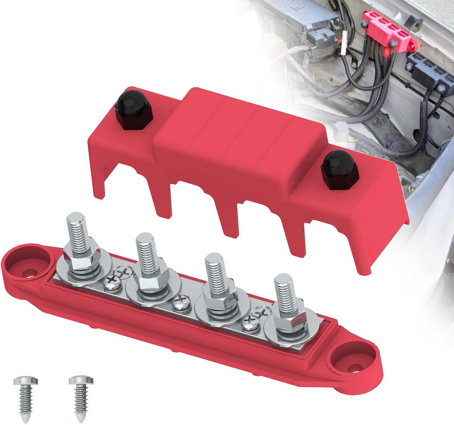 Bus Bar 250A 12V Power Distribution Block with 5/16" (M8) 4-Posts Terminals Block with Cover for Automotive, Marine, Battery System (Black & Red)