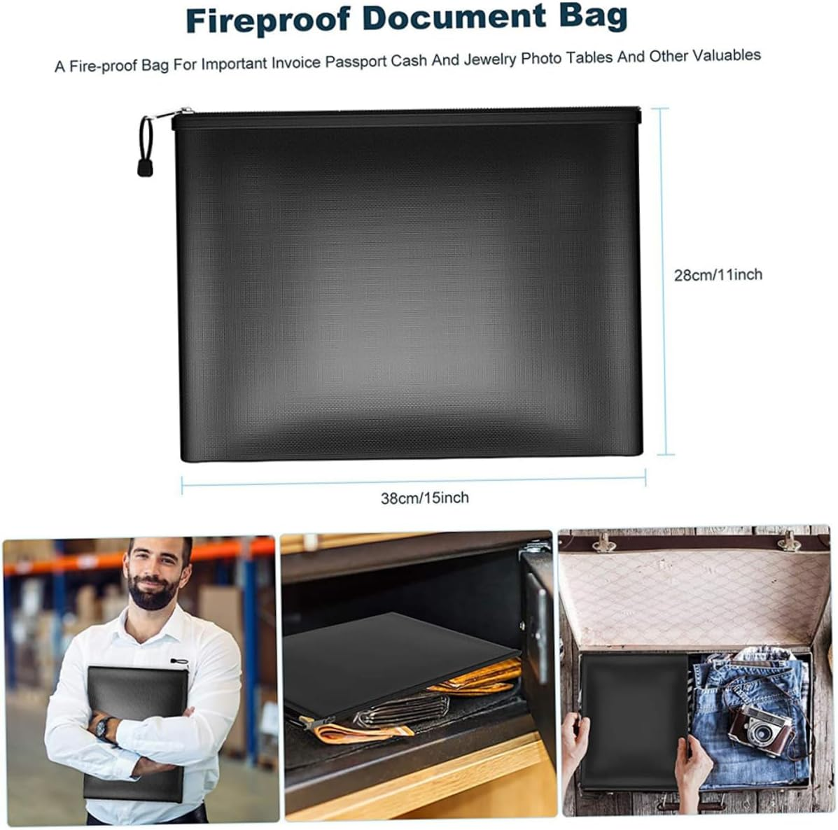 KALLORY Fireproof Document Bag for Home Office Metal Pouch Fireproof Organizer for Important Documents Money Bags Zipper image number 6