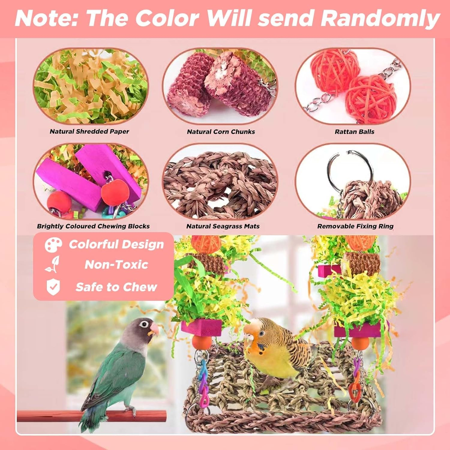 SUSOO Hanging Bird Swing Bed with Colorful Foraging Chew Birds Toys, Seagrass Woven Climbing Hammock, Wooden Stand Perch Bird Cage Accessories for Parrots, Parakeets, Budgies, Conures, Cockatiel image number 2