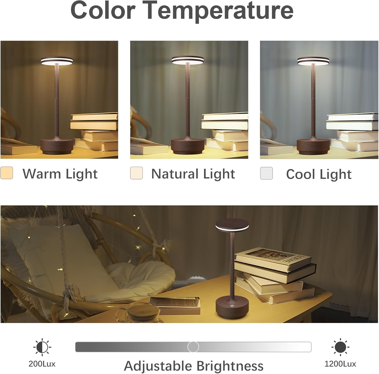 Bravzurg Wireless Table Lamp, Aluminium, Dimmable, 5000 Mah, LED Battery Table Lamp, Wireless, Waterproof, Table Lamps, USB Rechargeable, 3 Colour Temperatures for Outdoor, Indoor, Restaurant, Bedside image number 6