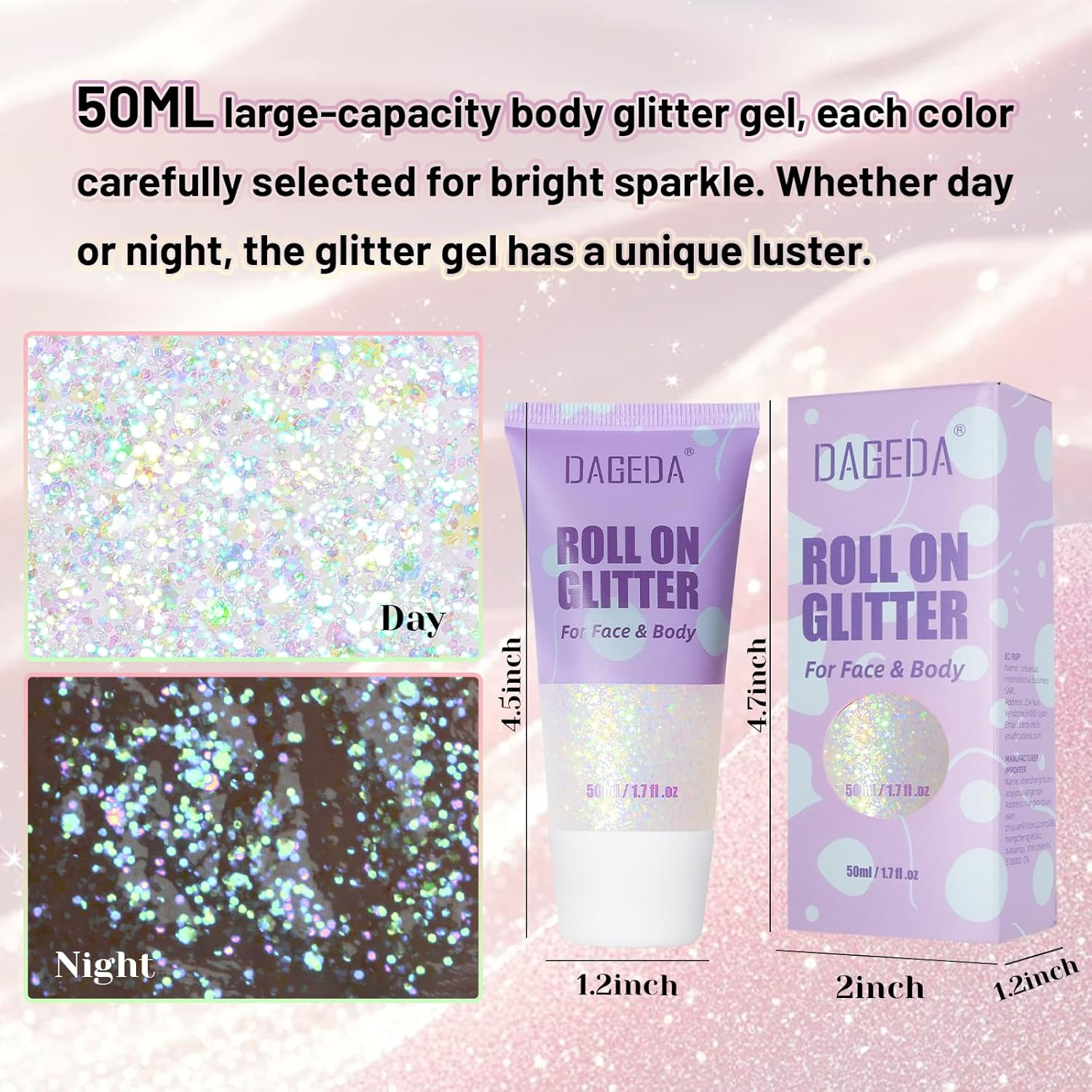 DAGEDA 50Ml Roll-On Body Glitter,Holographic Eye Face Hair Glitter Gel for Festival Outfit Mermaid Accessories,Chameleon Color Body Shimmer Makeup Rave Outfits Accessories for Women (Dazzle) - Dazzle image number 4