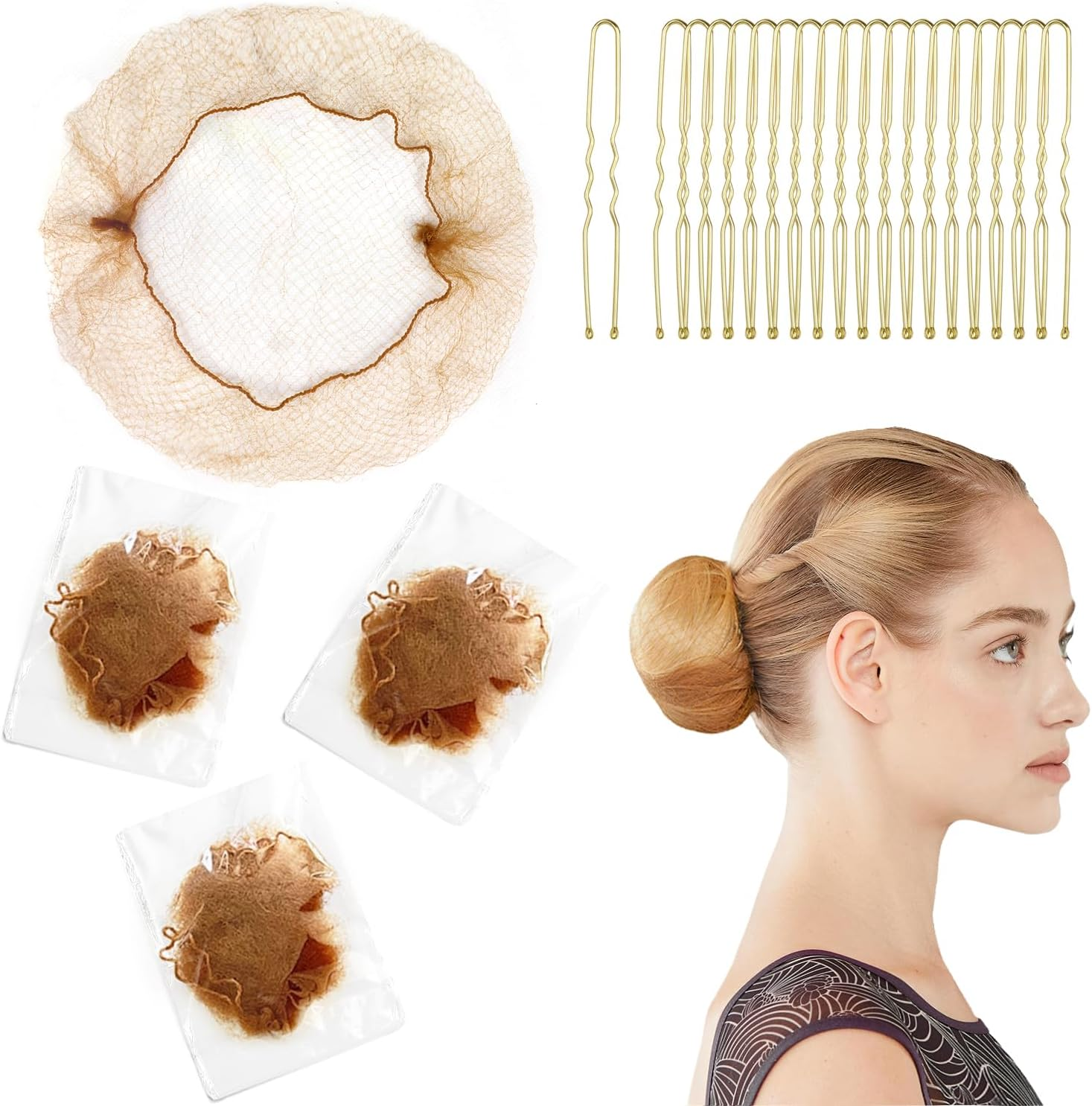 Invisible Elastic Hair Nets with Bobby Pins for Ballerina Buns - 12Inch Light Brown Nets 30Pcs and 20 Pins Golden