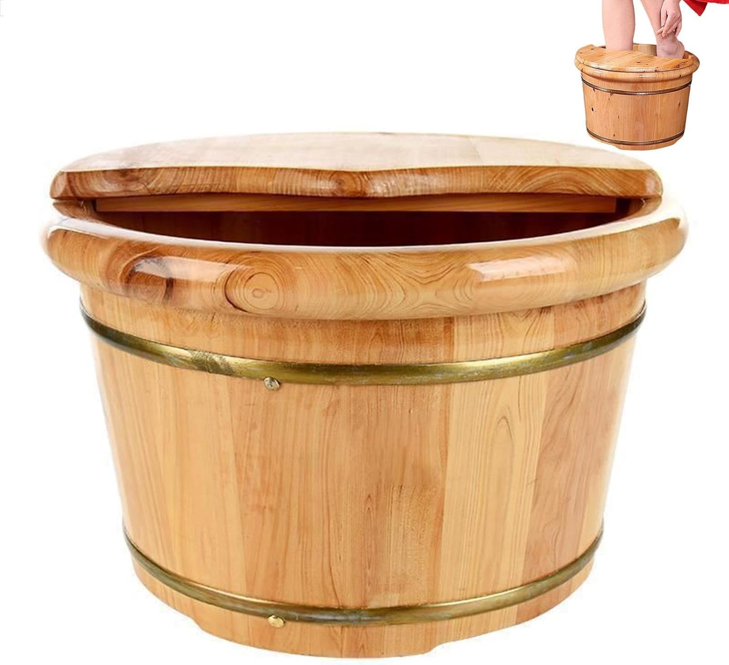 Foot Bath Bucket - Wooden Cedar Foot Basin, Relaxing Foot Soaking Bath Tub | Foot Spa Wooden Bucket with Lid, Foot Washing Spa Tub, Wooden Barrel Foot Spa, Portable Soaking Bath Tub for Womens image number 2