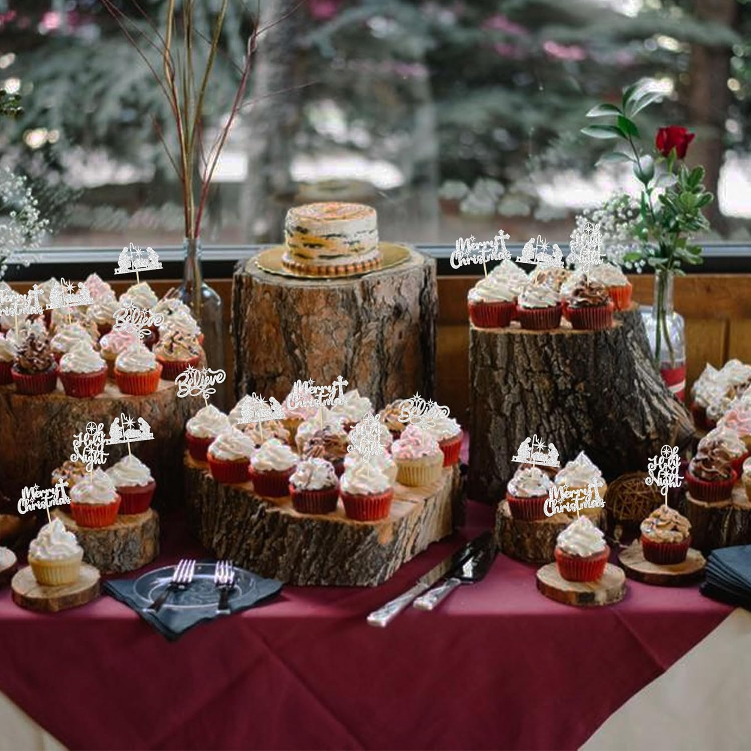 24Pcs Merry Christmas Nativity Cupcake Toppers Glitter Holy Night Blessed Hope Believe Jesus Birthday Cupcake Picks for Nativity Scene Theme Christmas Party Supplies Silver image number 5