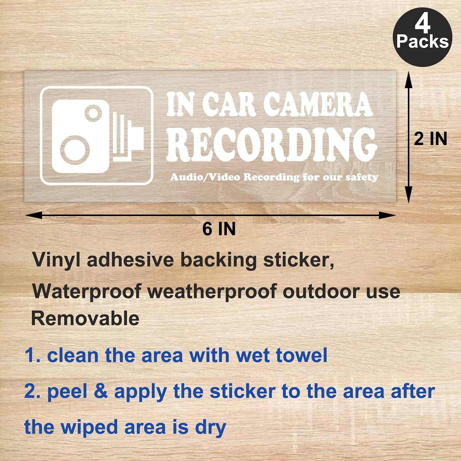None Brand 4 Pcs Waterproof Vinyl Camera Recording Window Stickers, White 2 X 6 Inch, for Rideshare, Van, Truck, Taxi, Maxi Cab, Bus, Coach Drivers image number 2