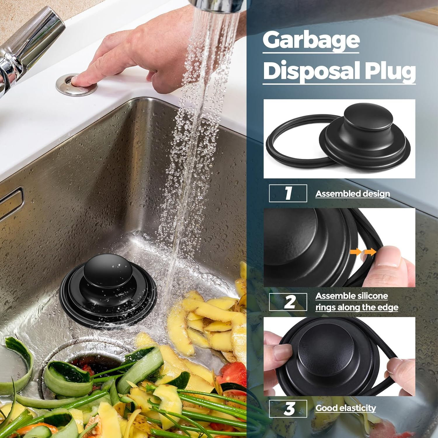 Mudder 3 Pcs Kitchen Sink Drain Strainer and Stopper Stainless Steel Garbage Disposal Plug with Handle Universal Anti-Clogging Kitchen Sink Filter Sieve Basket Strainer(Black) image number 5