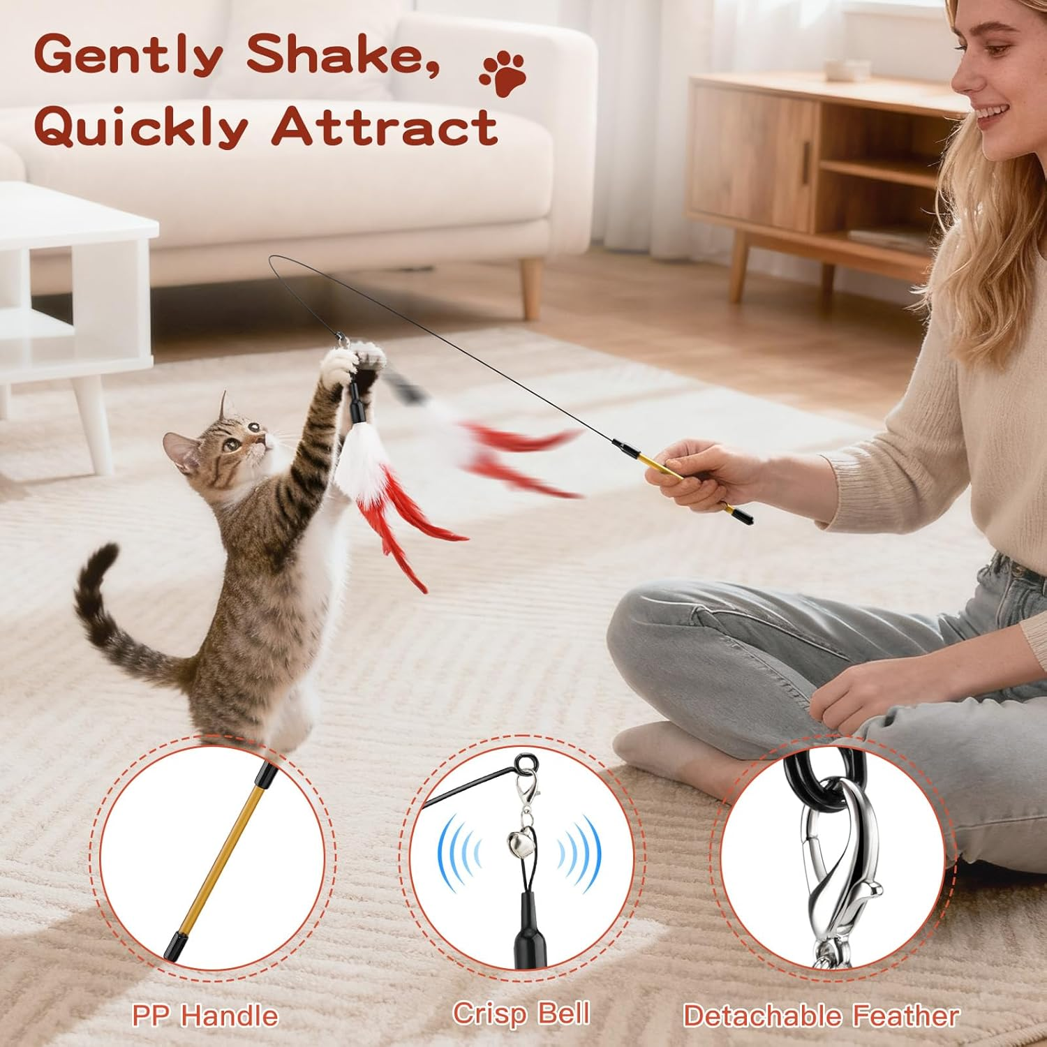 Pawaboo Feather Teaser Cat Toy, Interactive Feather Wand Cat Toy Flying Feather Cat Catcher with Extra Long 31.5" Wand and Small Bell, Exerciser Playing Toy for Kitten or Cat, Wine Red & White Feather image number 5