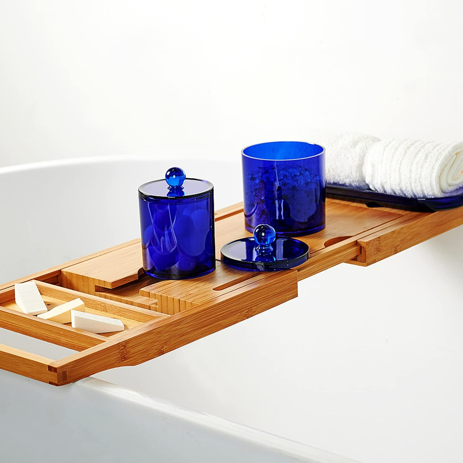 Sheechung 6-Pack Blue Acrylic Apothecary Jars - (3) 12Oz & (3) 10Oz Qtip Holder Set with Labels - Shatterproof Bathroom Vanity Organizer for Cotton Swabs, Balls, Pads - Coastal Decor