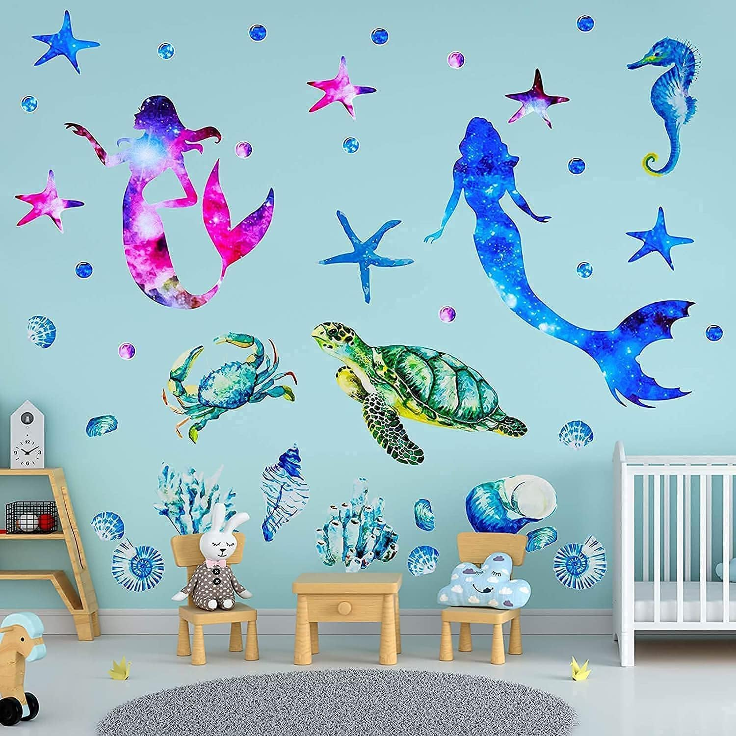 Ocean Mermaid Wall Decals, 2 Sheets Removable Mermaid Wall Stickers for Bedroom, Sea Mermaid Turtle Wall Stickers for Bathroom and Kids Bedroom Decor image number 1