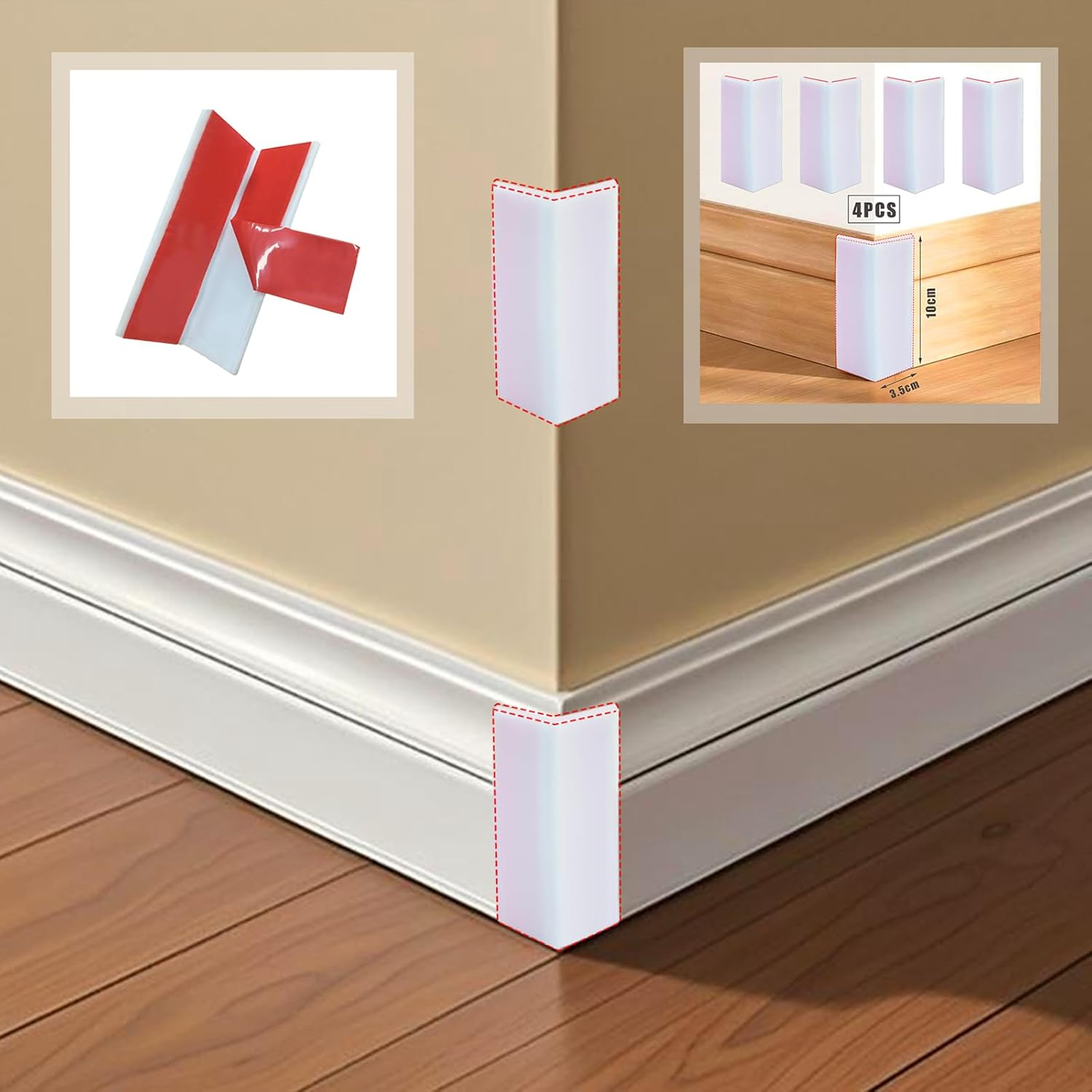 White Baseboard Corners Blocks Self Adhesive, Thickened Rubber Safety Corner Protectors Cushion, Soft Edge Furniture Wall Guards (4 PCS) image number 4