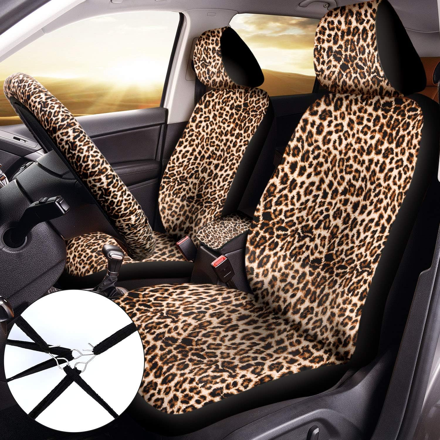 10 Pieces Leopard Print Car Decorations, Includes Leopard Front Seat Covers, Steering Wheel Cover, Leopard Car Coasters, Armrest Pad Cover Seat Belt Pads and Keychain Wrist Strap for Universal Cars image number 4