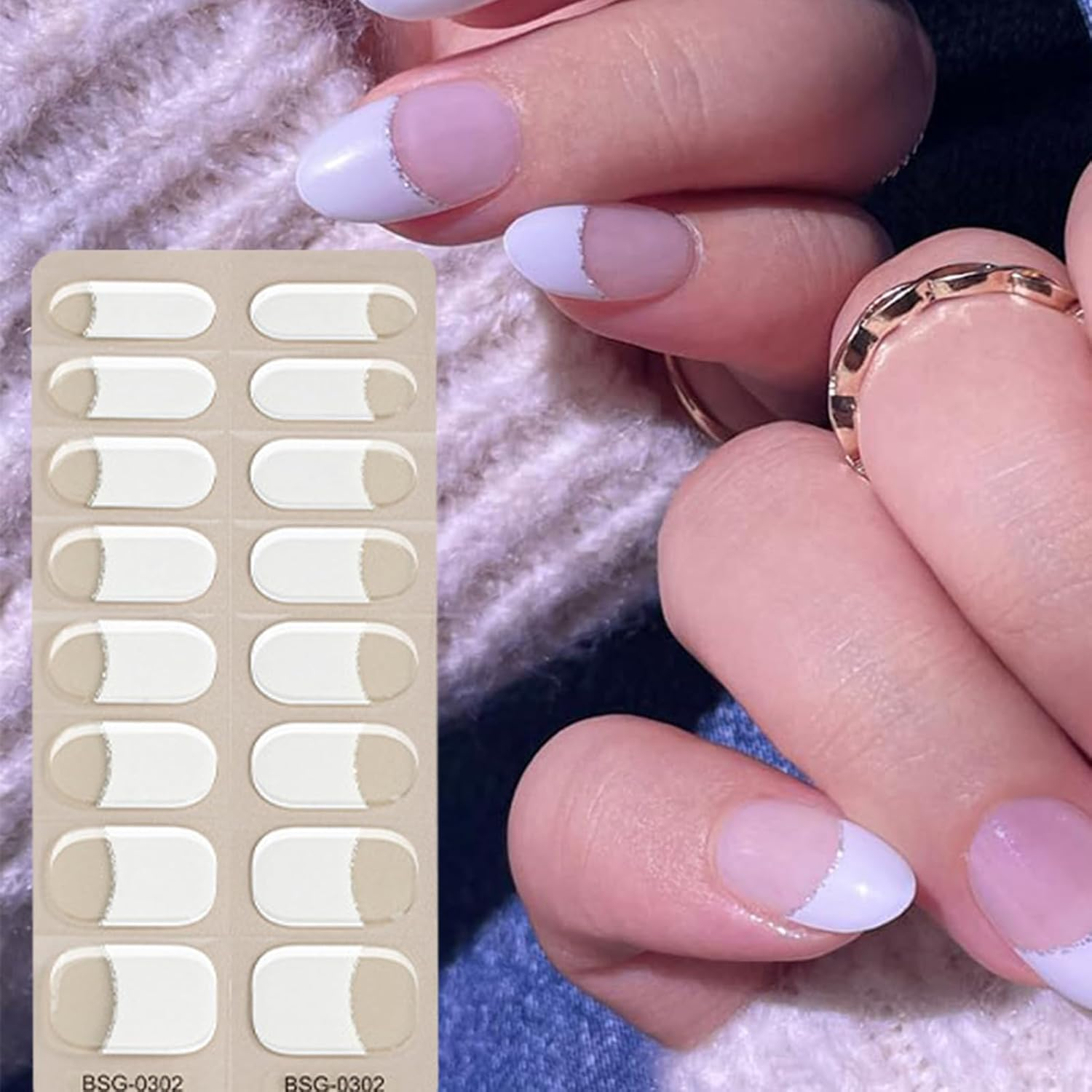 Semi Cured Nail Stickers,French Nail Polish Stickers - French Tip Nail Strips, Gel Nail Wraps Works with UV Light for Home Nails image number 6