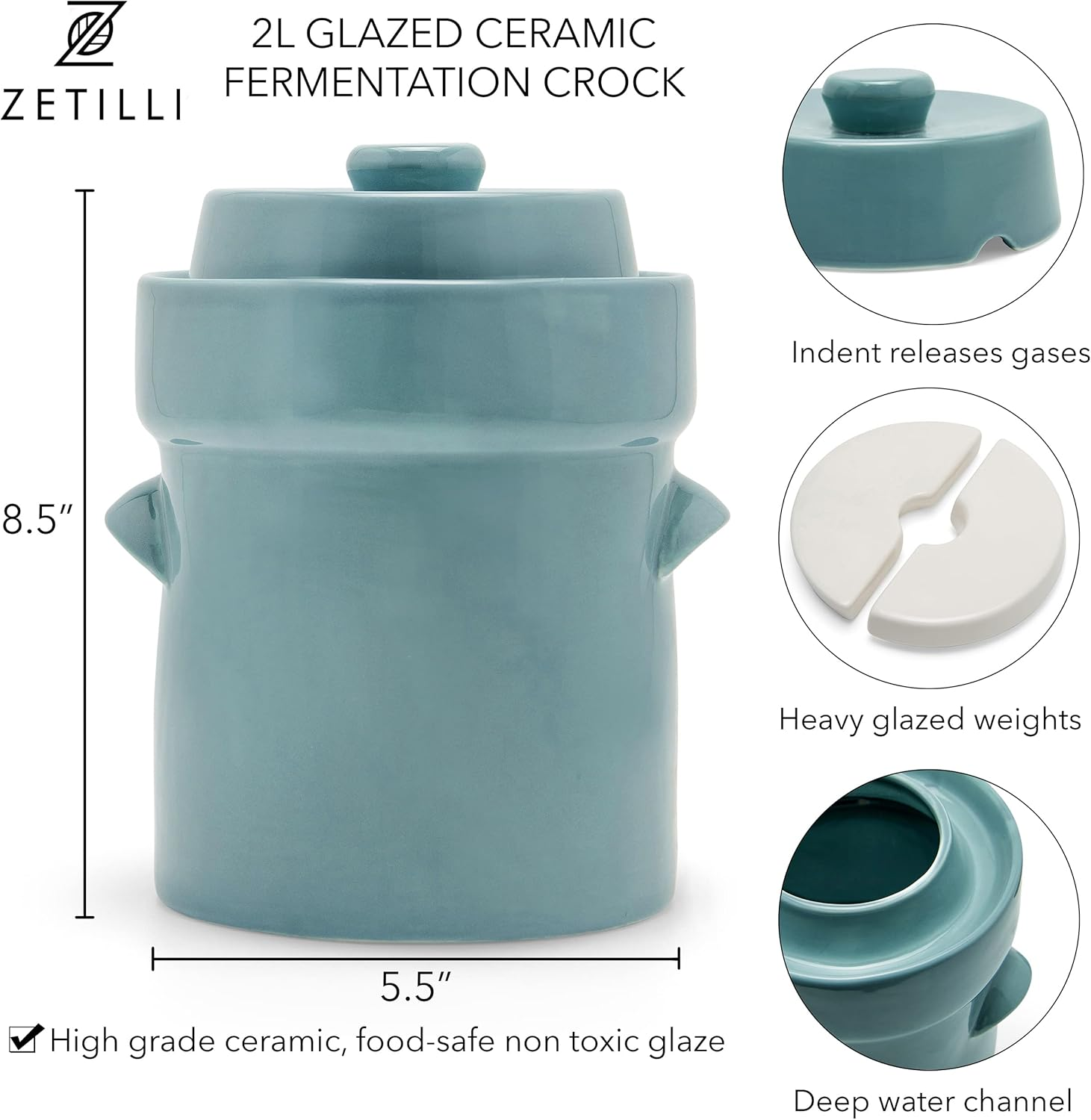Fermentation Crock Jar Sauerkraut Crock - Onggi Kimchi Pot 2L (0.5 Gallon) Ceramic Fermenting Crock with Glazed Weights for Fresh Chinese Pickle, Kimchi & Kombucha - Stoneware Pickling Crock image number 4