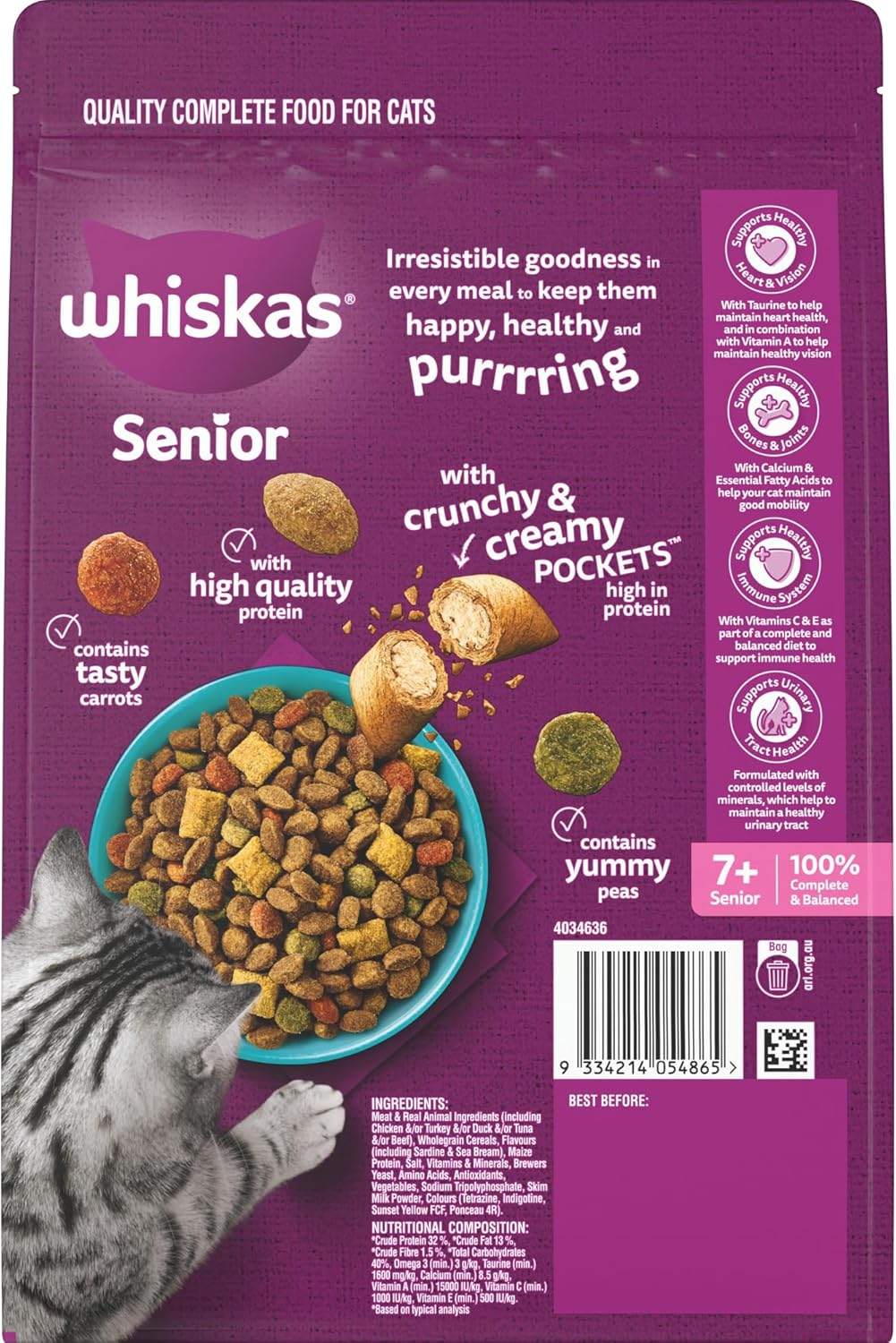 Whiskas Tuna and Sardine Adult 7+ Dry Cat Food 800 G Bag, 6 Pack image number 4