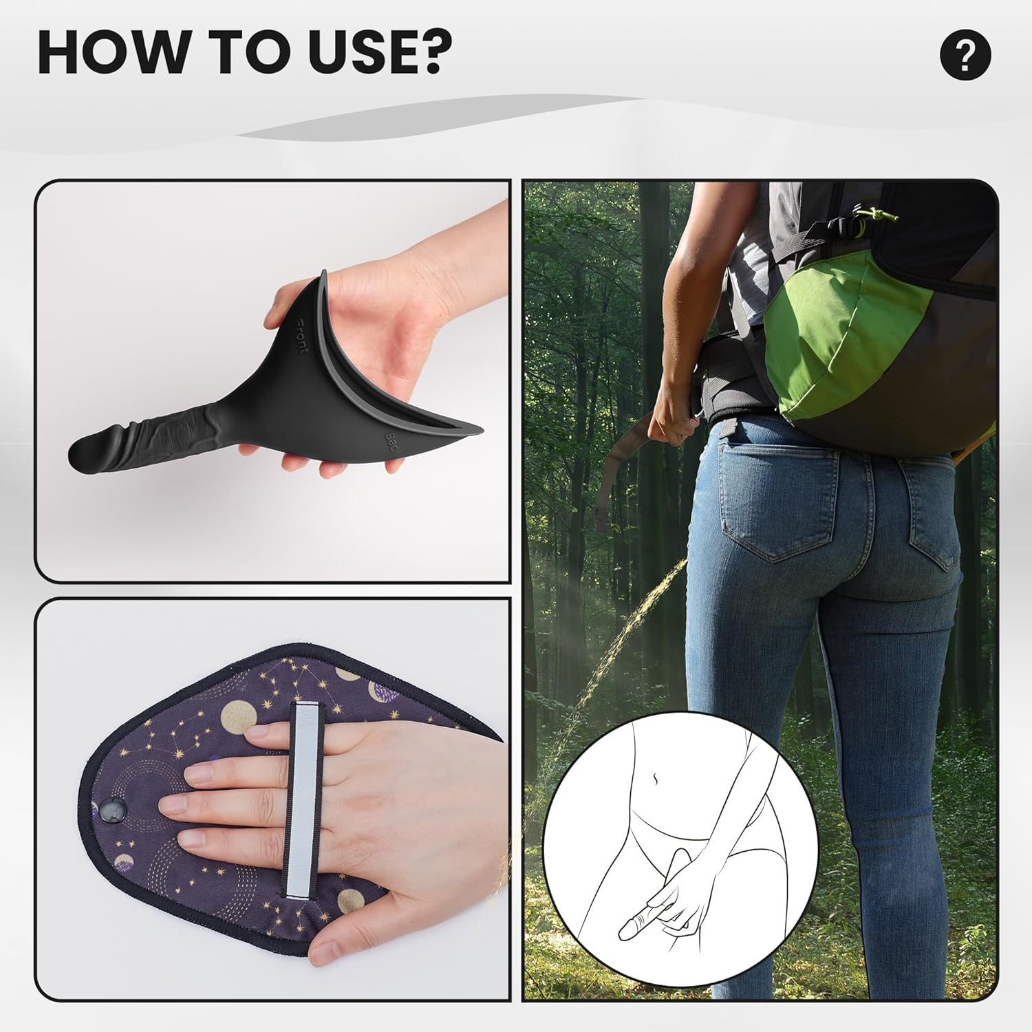 Rquite Female Urinal Pee Cloth Set, Portable Female Urination Device, Reusable Pee Funnel & Rag with Discreet Carry Bag, Silicone Urine Cup for Women Camping Gear Hiking Accessories - Purple image number 5