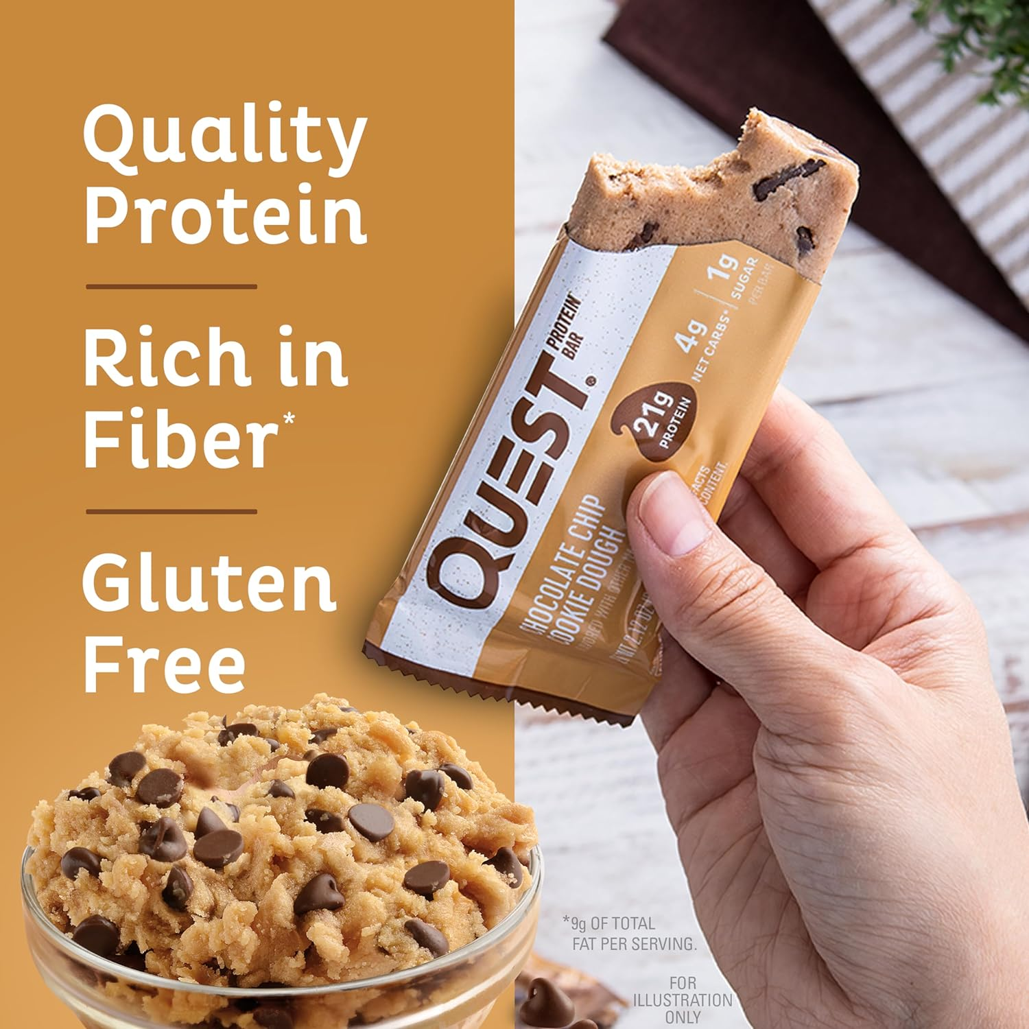 Quest Nutrition Chocolate Chip Cookie Dough Protein Bars, 21G Protein, 4, Net Carbs, 1G Sugar, Gluten Free, Keto Friendly, 4 Count image number 5