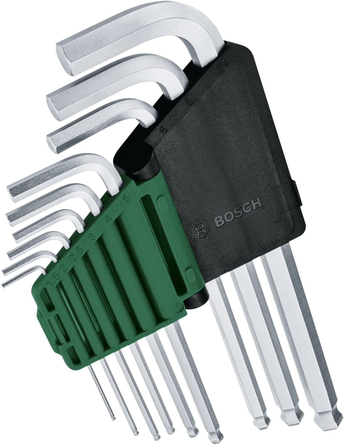 Bosch 9-Piece Hex Key Set (Multi-Tasking Hex Keys Made of High-Quality S2 Steel; 1.5-10Mm; Long Arm; Ball-End 30-Degree Offset; Rust-Protected, Storage Clip) image number 1