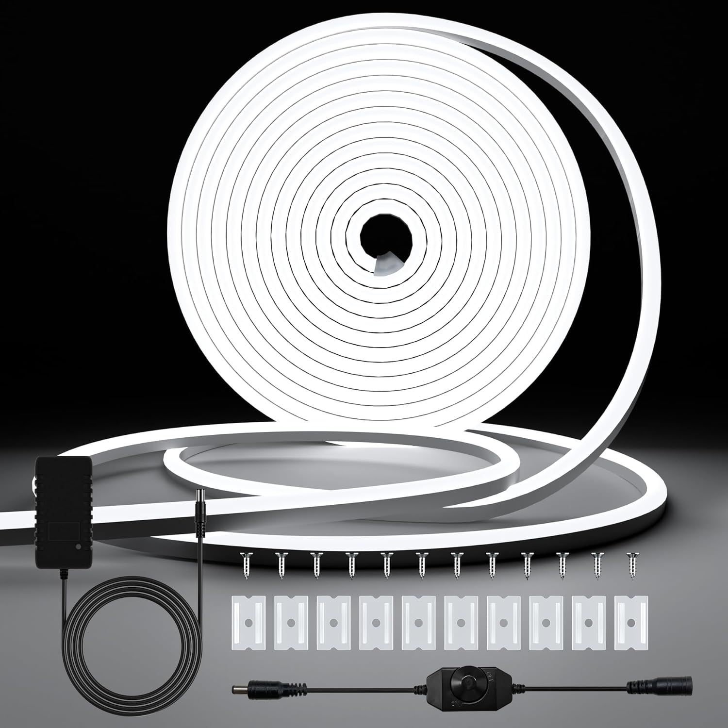 16.4Ft Neon LED Strip Light, Cozylady Warm White Waterproof Rope Light with Power Supply and Dimmer Controller, 5M Flexible DIY Silicone 24V LED Neon Rope Light for Kitchen Indoor Outdoor Decor