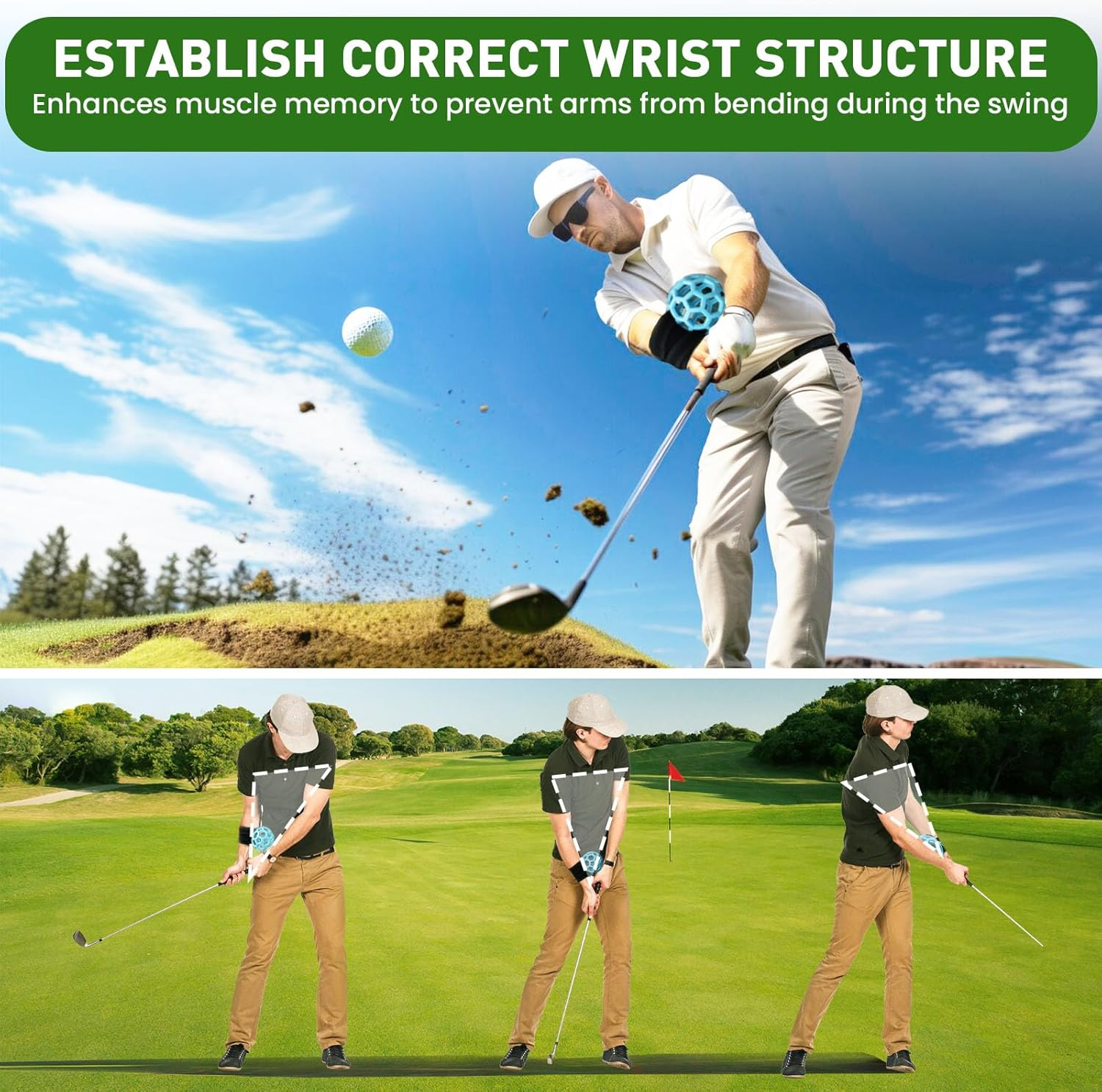 FINGER TEN Golf Swing Trainer Impact Smart Ball with Adjustable Training Wristband Wrap, Golf Posture Corrector Portable Lightweight Practice Tool for Golfer Beginner - Blue image number 5