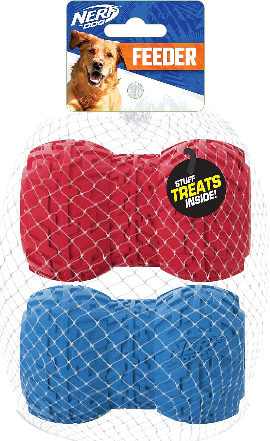 Nerf Dog Tire Feeder Dog Toy, Lightweight, Durable and Water Resistant, 4 Inches, for Medium/Large Breeds, Two Pack, Blue and Red image number 2