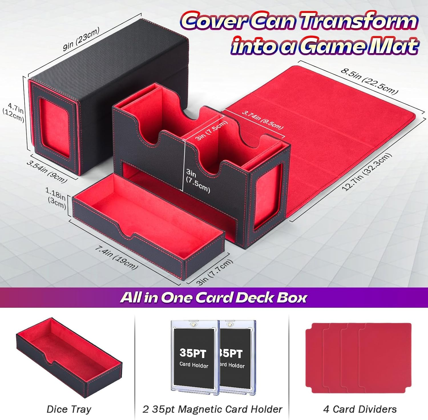 MTG Deck Box with 2 Commander Displays & Dice Tray, Fits 320+ Single Sleeved Cards, Trading Card Storage with 4 Dividers & 35Pt Card Brick for Magic, TCG, and Collectible Cards (Red) - Gray image number 2