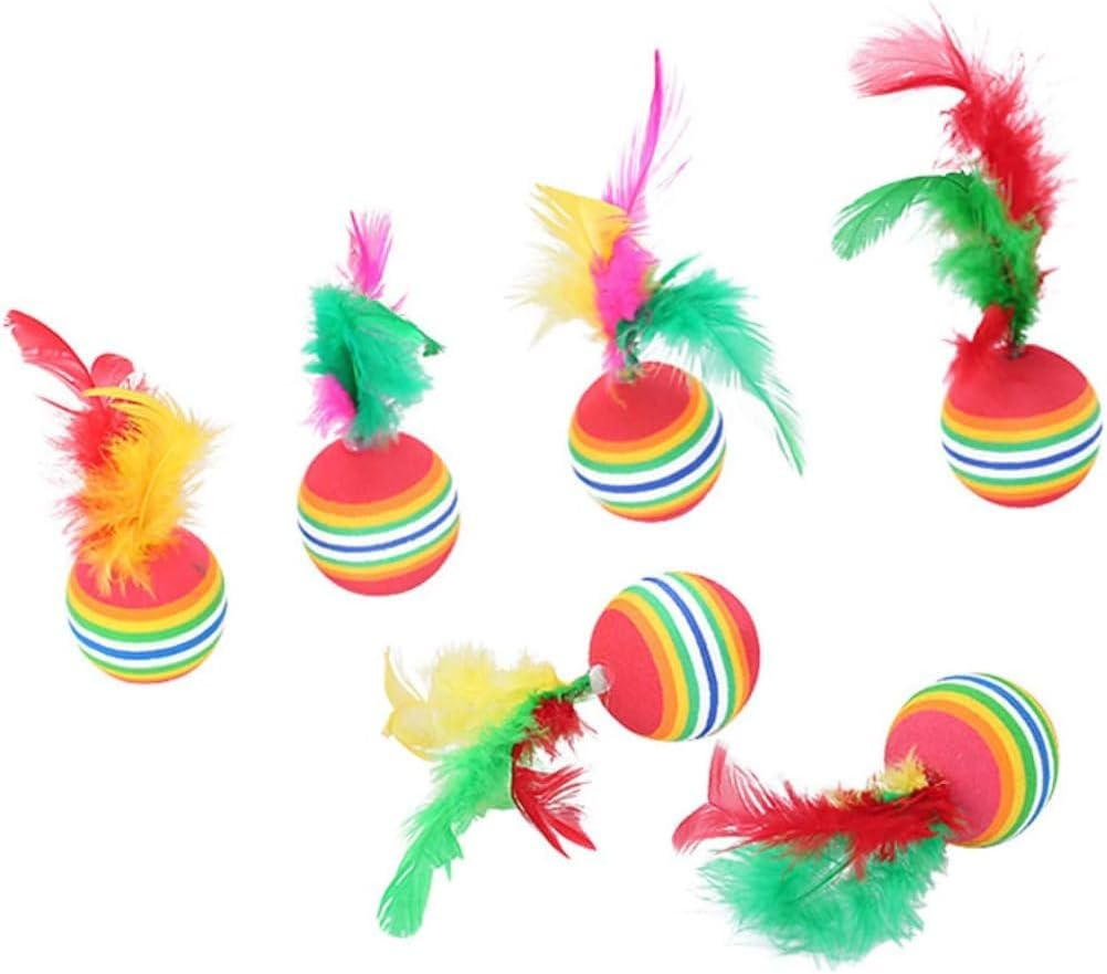 Pack of 6Pcs Cat Balls Soft EVA Foam with Feathers Colorful Rainbow Balls Interactive Kitten Cats Small Dogs Puppies Doggies Quiet Indoor Outdoor Play Activity Chase Training image number 3