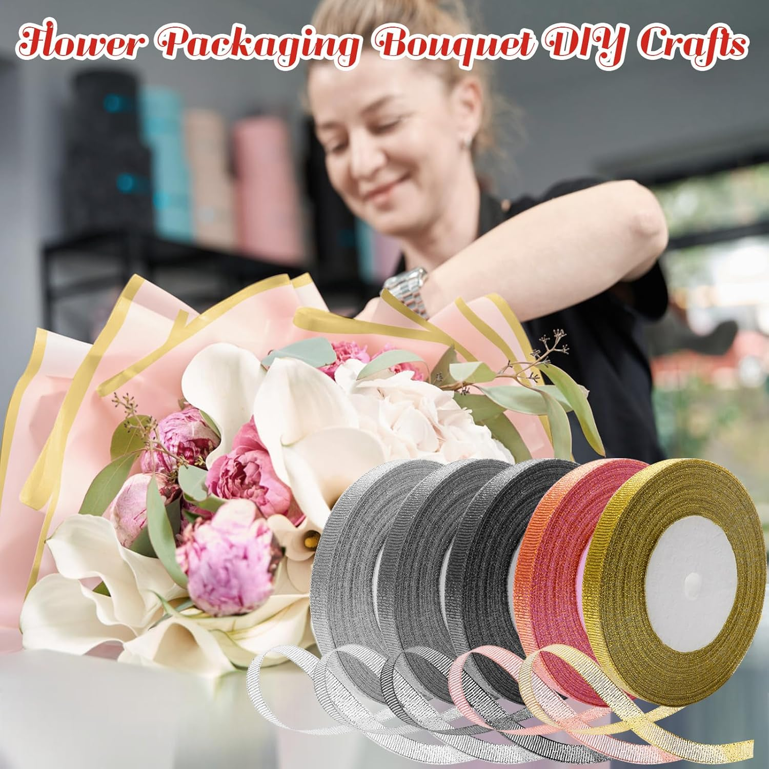 30 Sheets Flower Bouquet Wrapping Paper, COITEK Waterproof Gold Edge Flower Gift Wrapping Supplies Paper 6 Colors with 5 Rolls Ribbons for DIY Crafts, Gift Packaging image number 1