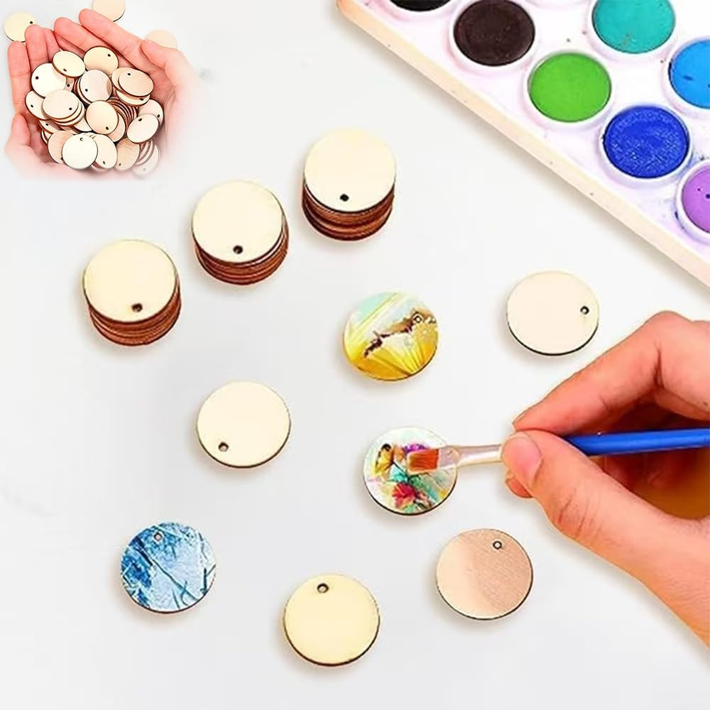 Wooden round Pendants, 200 Pieces, Unfinished Craft Discs with Holes for DIY Projects, Decorations