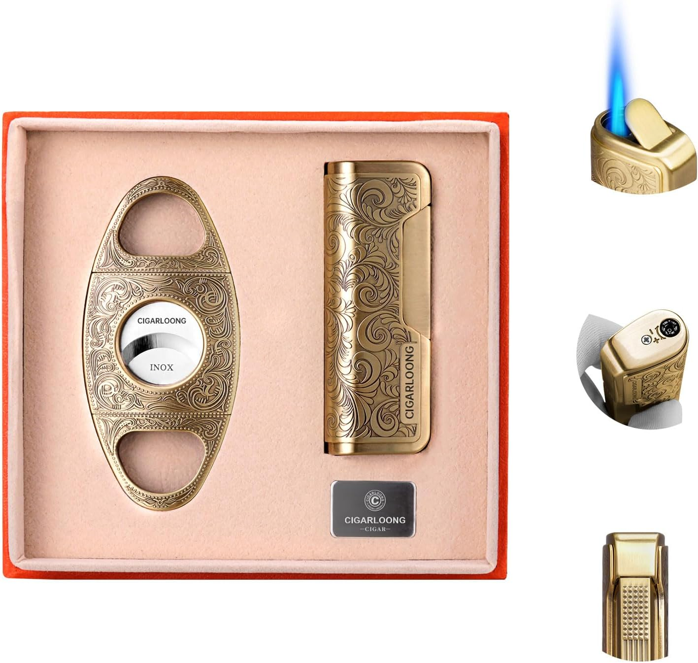 CIGARLOONG Cigar Cutter and Lighter Set Sharpening Blade Engraved Cigar Guillotine and Retro Carved Lighter(Color:Gold) image number 4