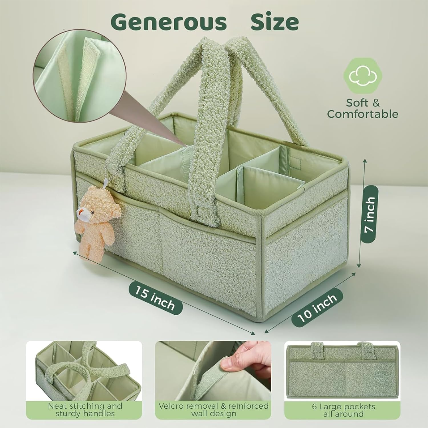 Baby Nappy Caddy Diaper Caddy Organizer， Baby Storage Basket for Diapers and Wipes，Portable Holder Tote Holder Tote Bag ， Car Nursery Organizer Diaper Bag Gift Accessories， Bring a Bear (Green) - Off-White image number 5