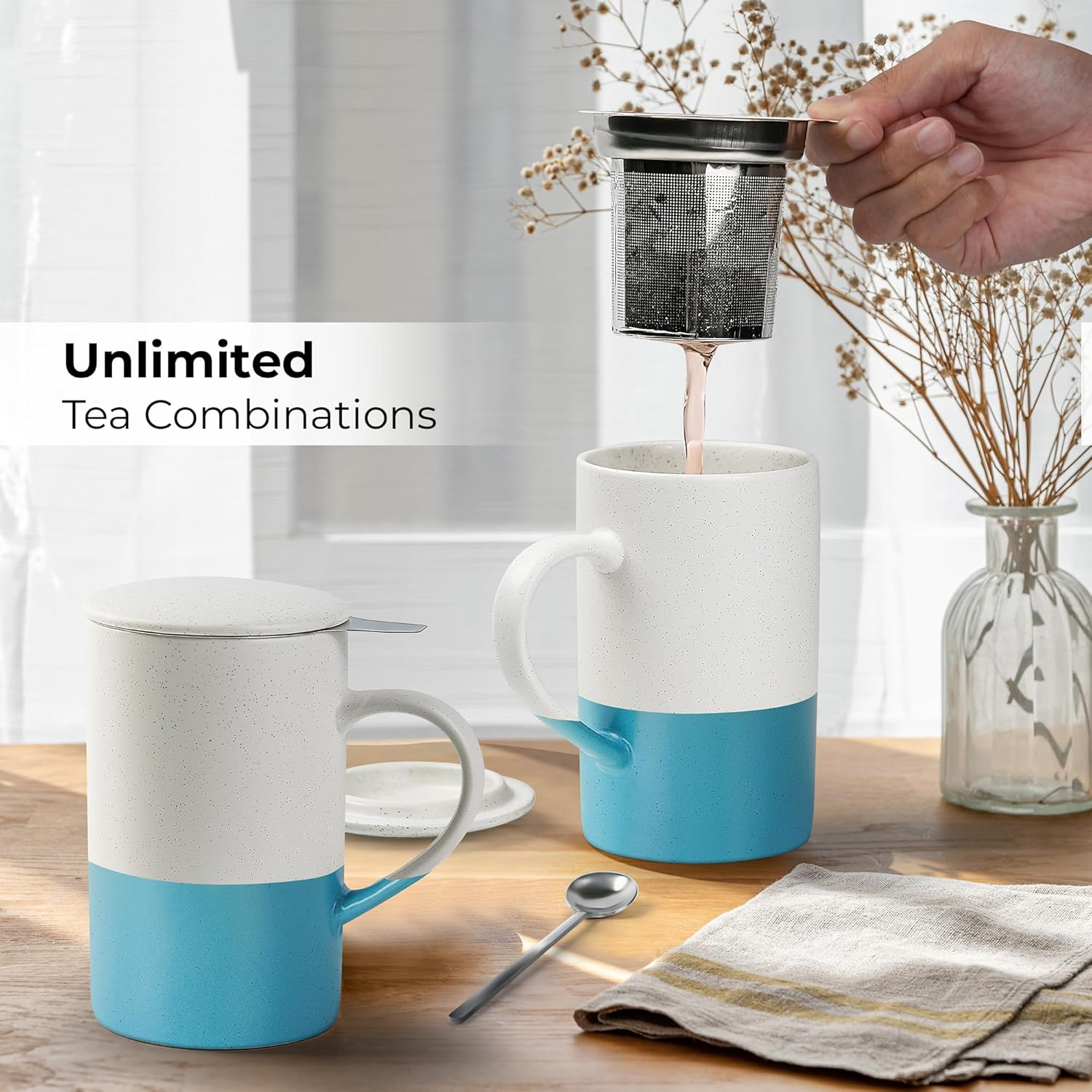 MIAMIO - Tea Cup Set 2 X 500 Ml with Infuser and Lid/Ceramic Tea Mug with Infuser and Spoon for Steeping Loose Leaf Tea, Gifts for Tea Lovers - Microwave & Dishwasher Safe (Blue) - Brown image number 4