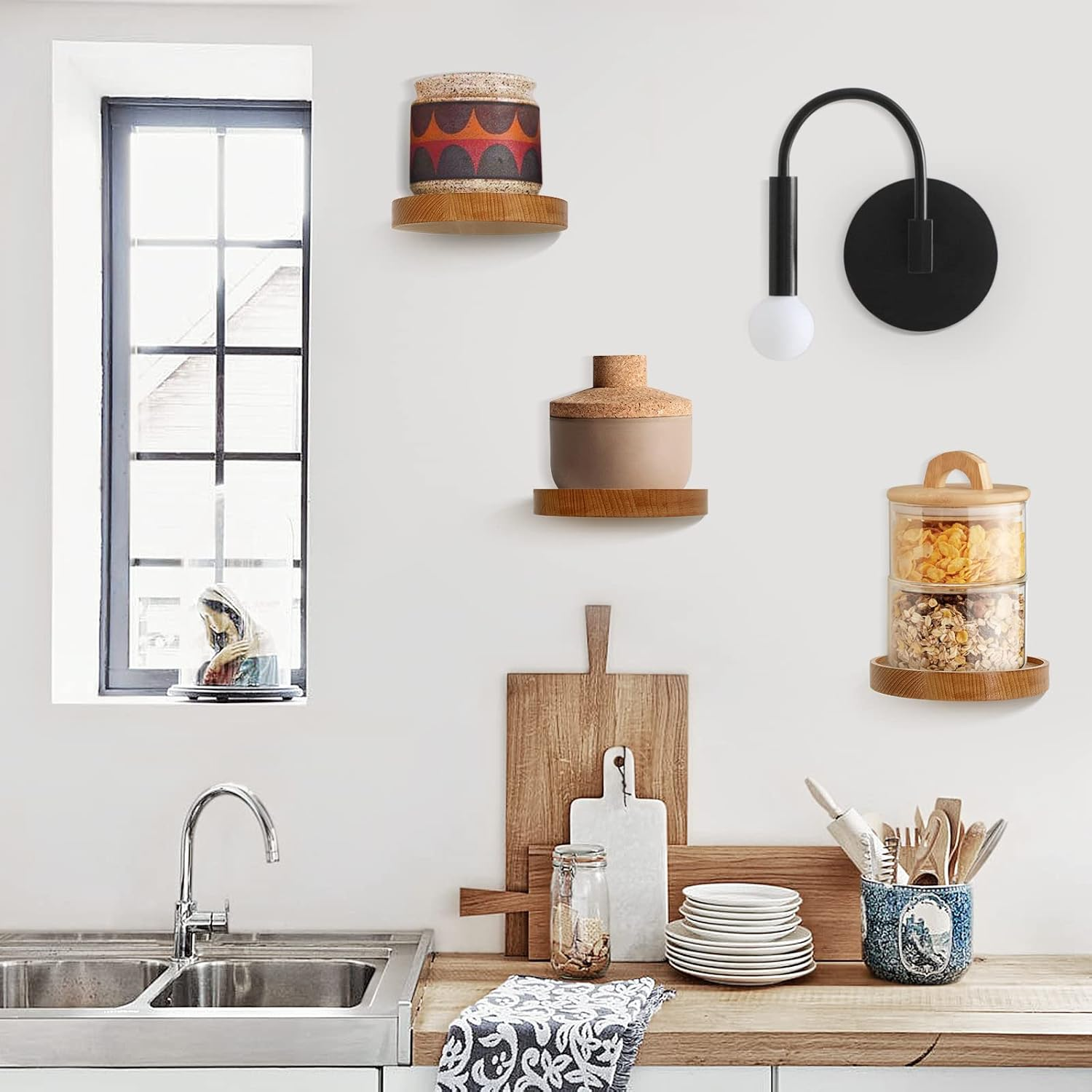 Acelist 3-Pack round Floating Shelves for Wall Decor, 6'' Diameter Beech Wood Floating Shelf, Cup Plant Wall Shelves for Bedroom, Bedroom, Living Room, Bathroom, Kitchen image number 5