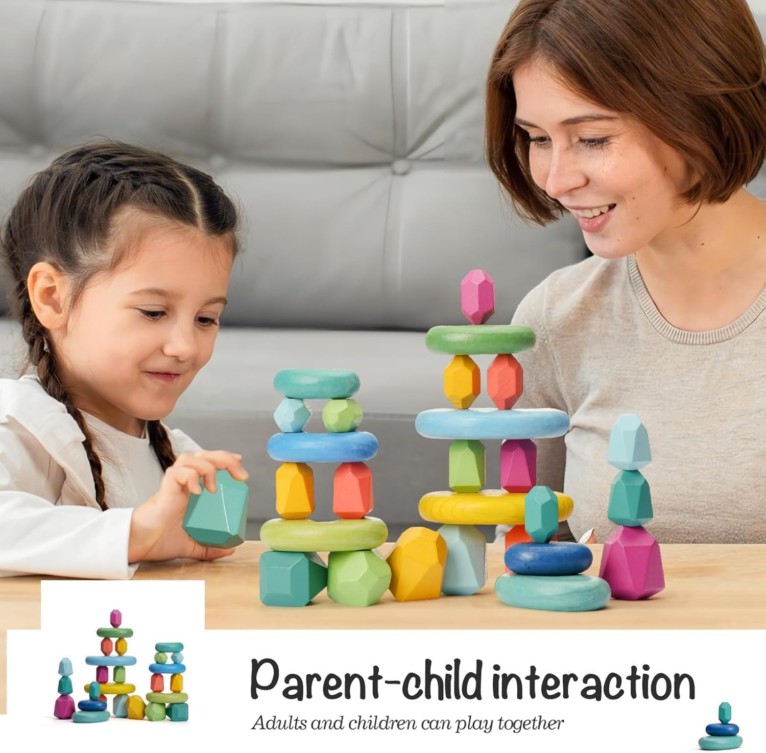 26Pcs Stacking Blocks Balancing Stones Wooden Building Toys Wood Stone Stacking Game for Toddler Sorting Preschool Educational Montessori Stacking Rocks for Kids image number 5