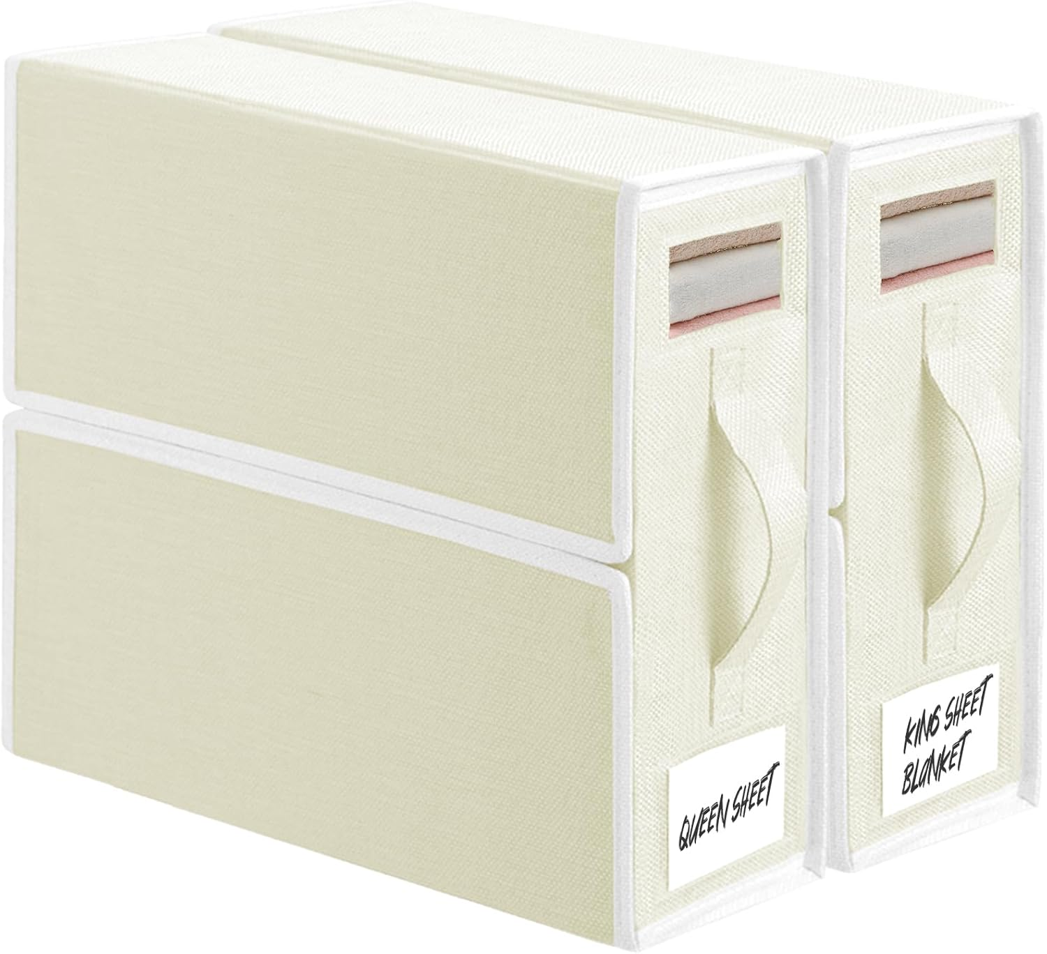 2 Pack Bed Sheet Organiser Storage, Foldable Linen Storage Box with Handles and Labels for Bedding & Linen(Queen and King Size), Bedsheet Organiser with Window for Sheets, Duvet Cover, Beige image number 3