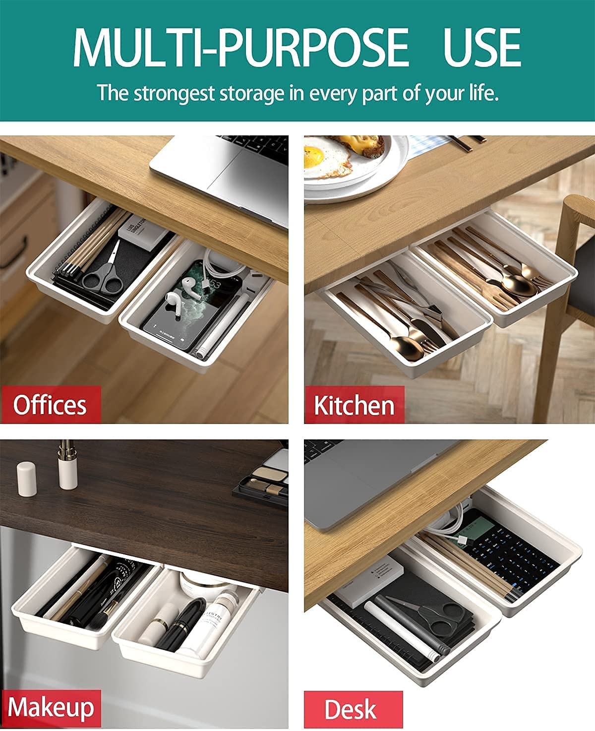 Hidden under Table Desk Drawer Storage Organizer 2 Pack,Self-Adhesive under Office Desktop Pencil Tray Drawer,Under Table Storage Tray Drawer for Kitchen image number 2