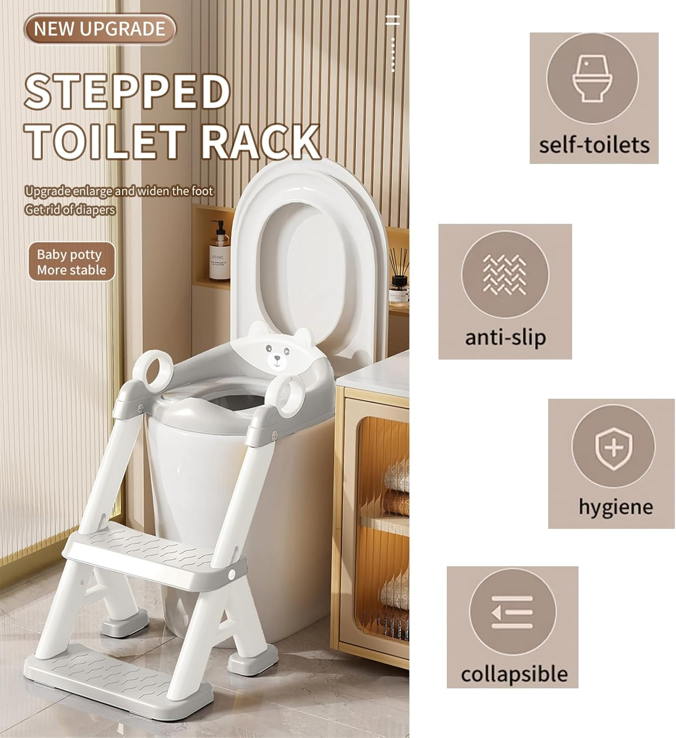 Pandaear Toilet Potty Training Seat with Step Stool Ladder, Comfortable Safe Potty Seat with Anti-Slip Pads Ladder & Bear Design for Kids Boys Toddlers -Grey image number 2